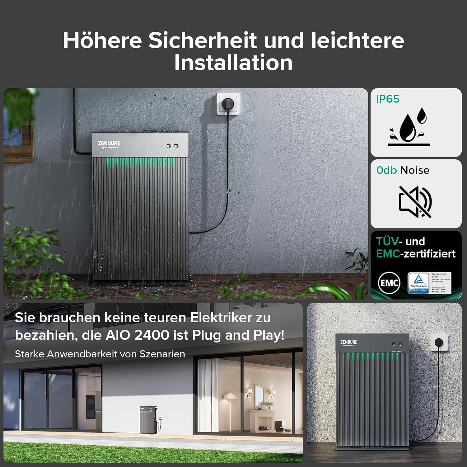 Bilder mit einer ZENDURE AIO 2400 Powerstation, mit Text und Symbolen für Funktionen.