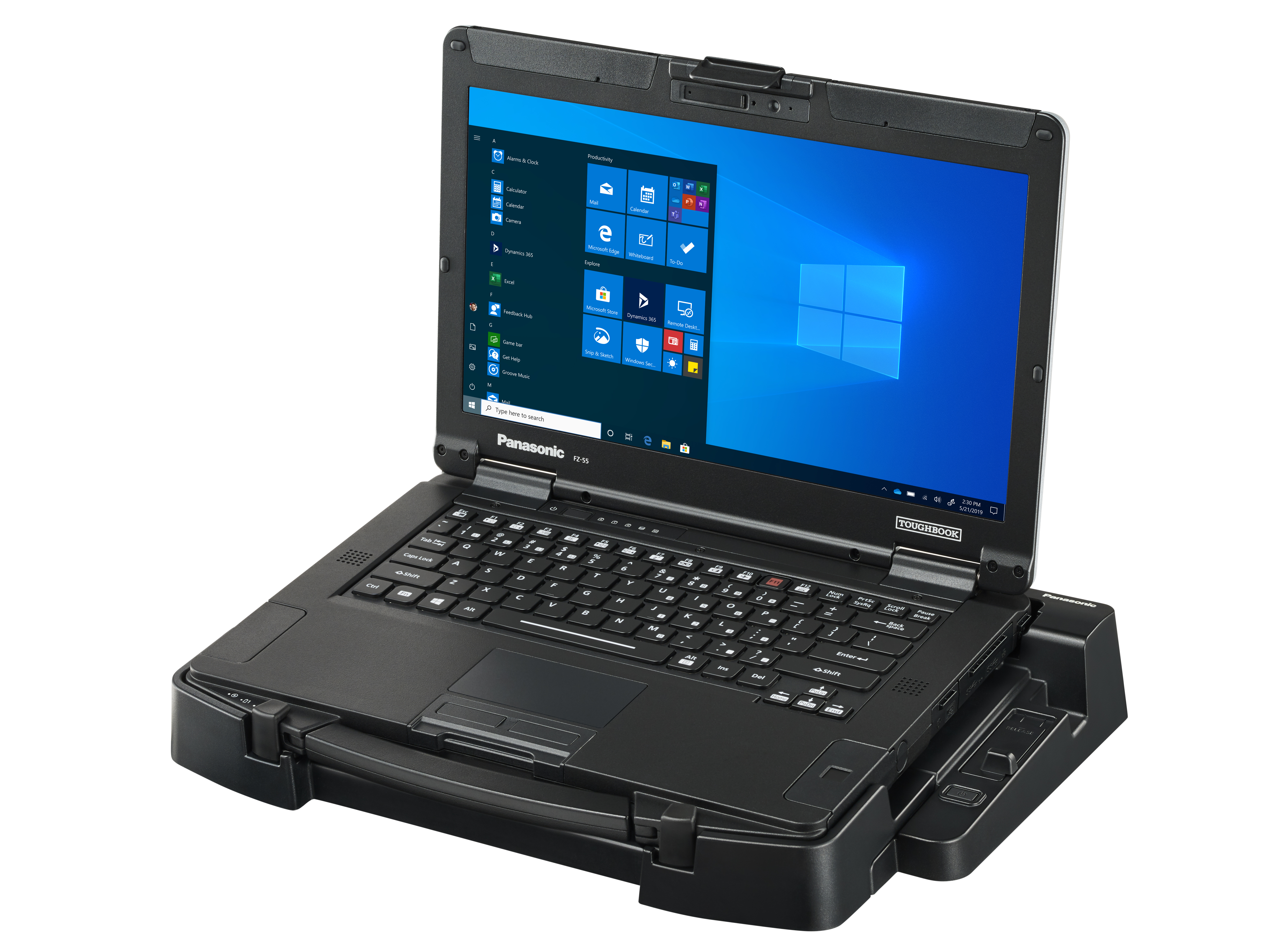 Un laptop Panasonic Toughbook nero in una docking station. Lo schermo mostra l'interfaccia di Windows.