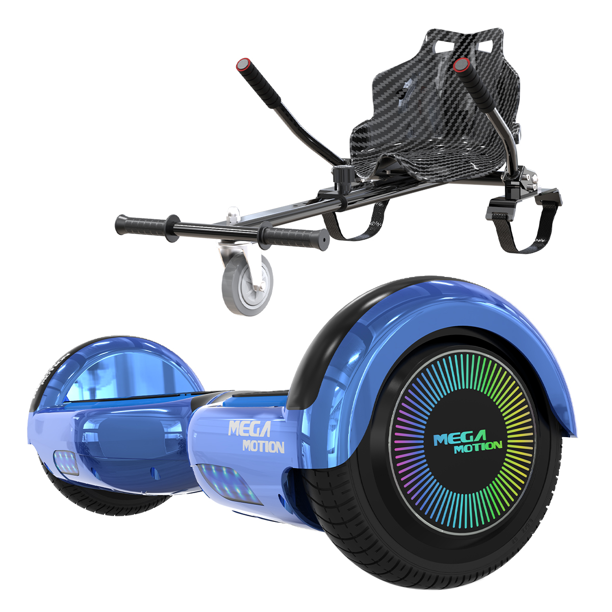 Blaues Hoverboard mit schwarzen Akzenten und befestigtem Sitz. Die Räder haben bunte Lichter. Weißer Hintergrund.