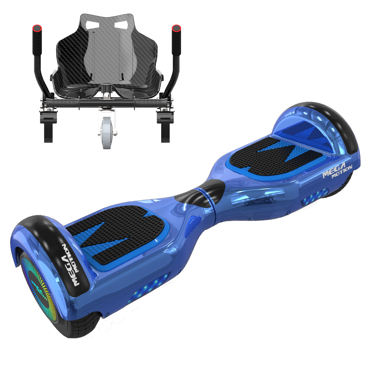 Blaues Hoverboard mit schwarzem Sitzaufsatz. Das Hoverboard hat blaue Lichter und den Schriftzug MEGA MOTION.