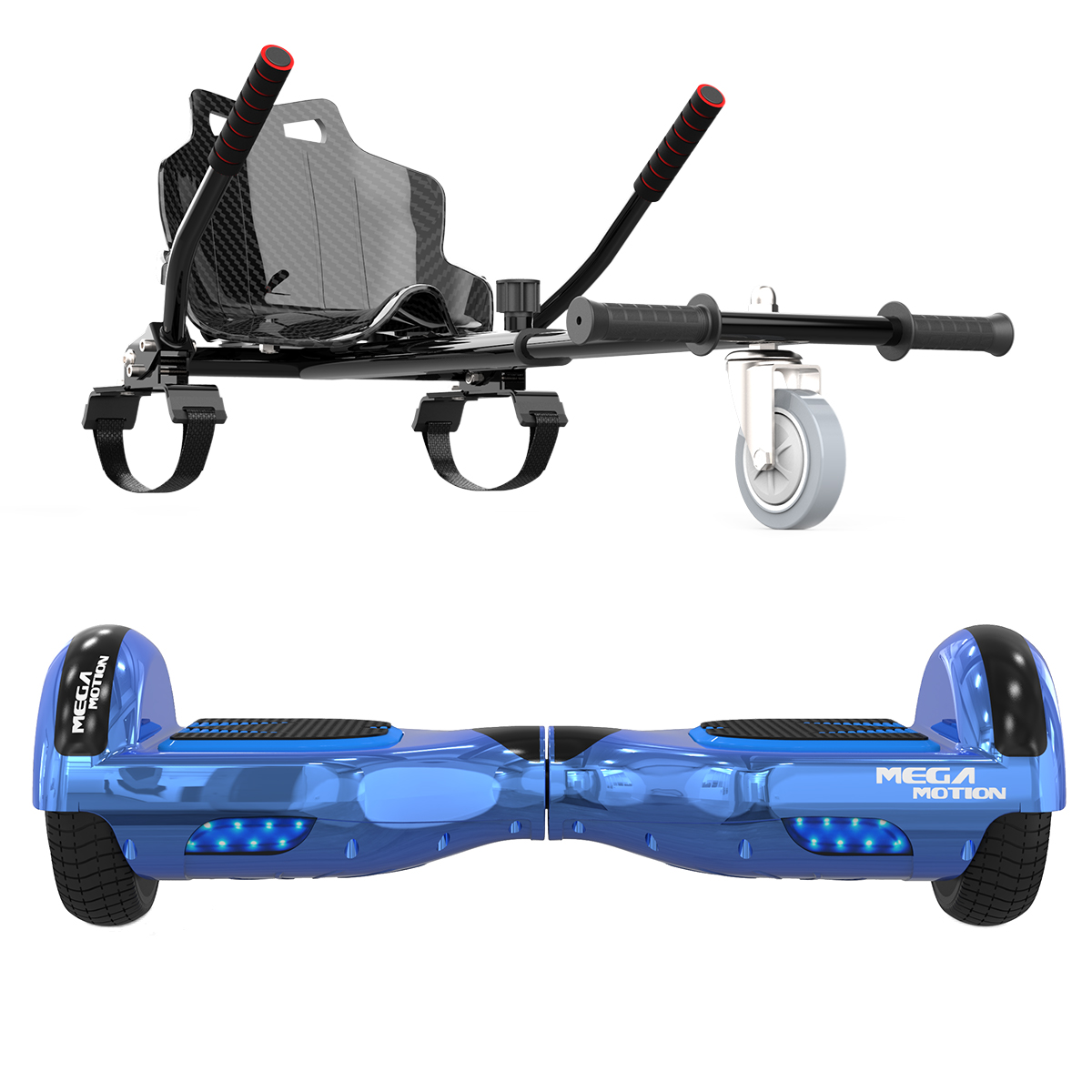 Ein Hoverboard und ein Sitzaufsatz sind abgebildet. Das Hoverboard ist blau und der Sitz ist schwarz.