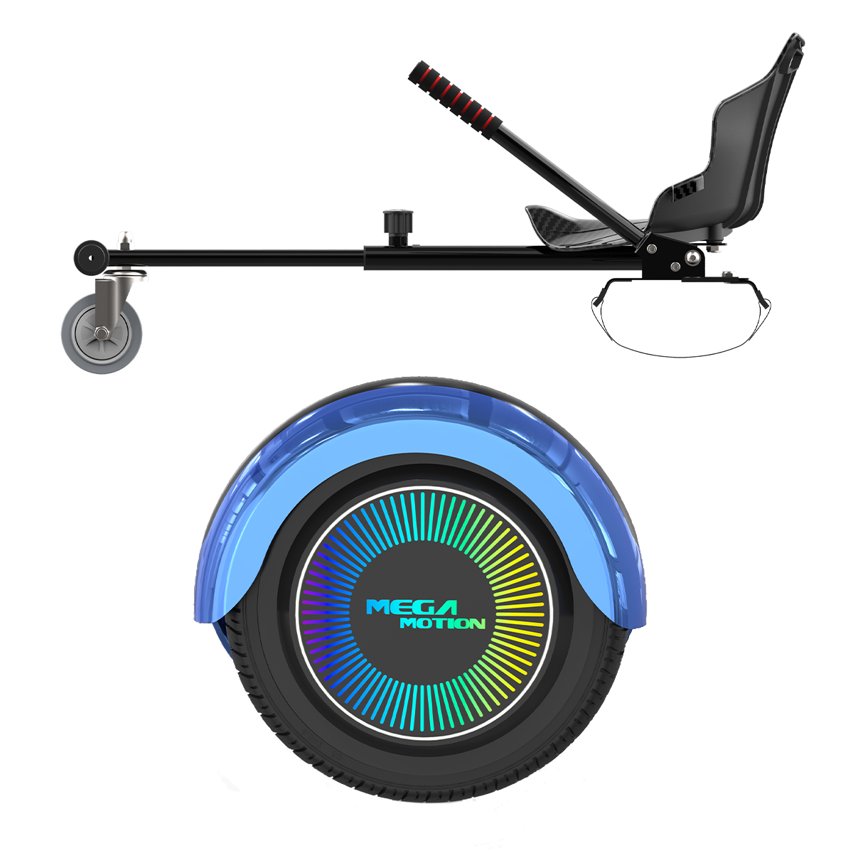Ein schwarzes und blaues Hoverboard mit Sitz.