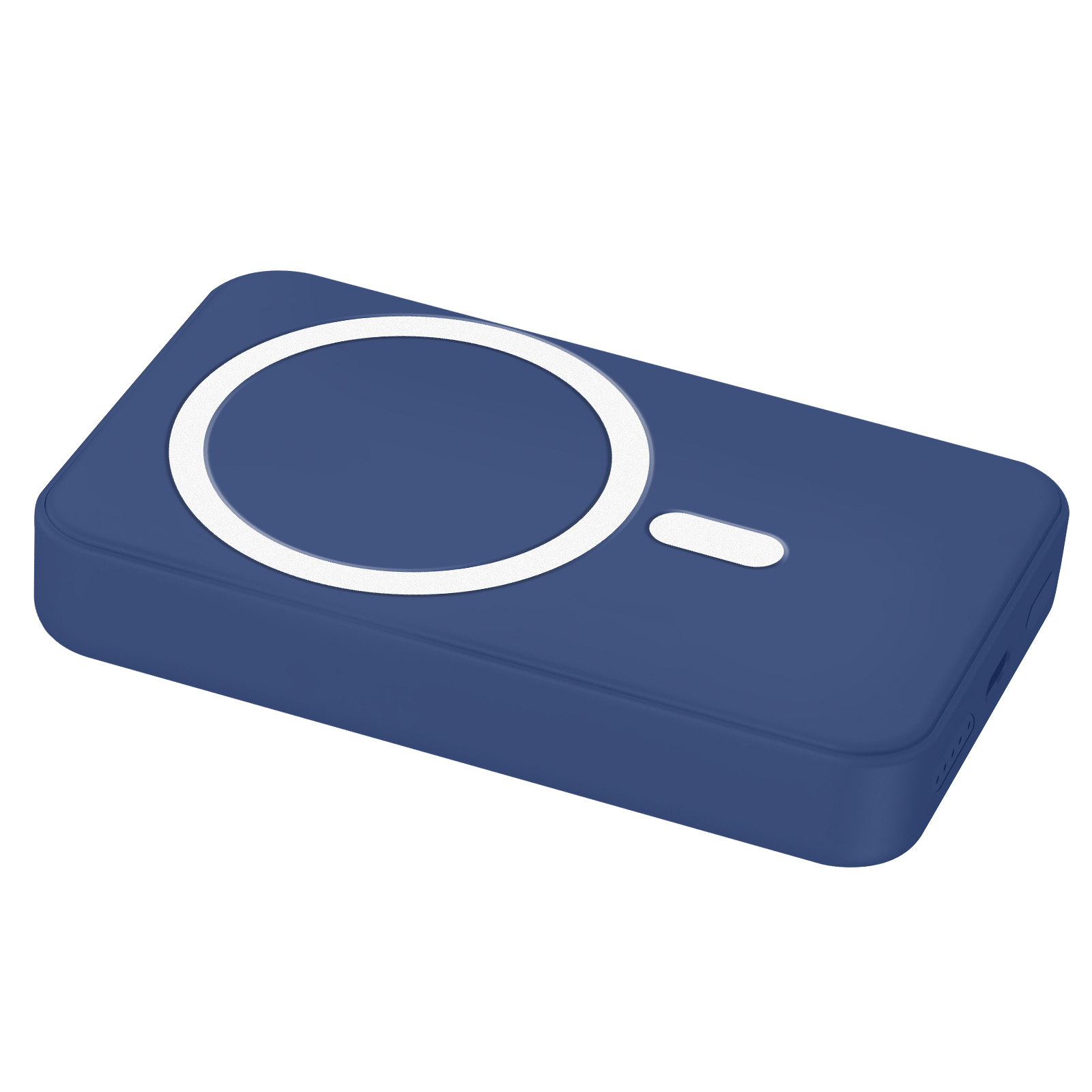 Cargador portátil azul, rectangular, con un área de carga circular blanca.