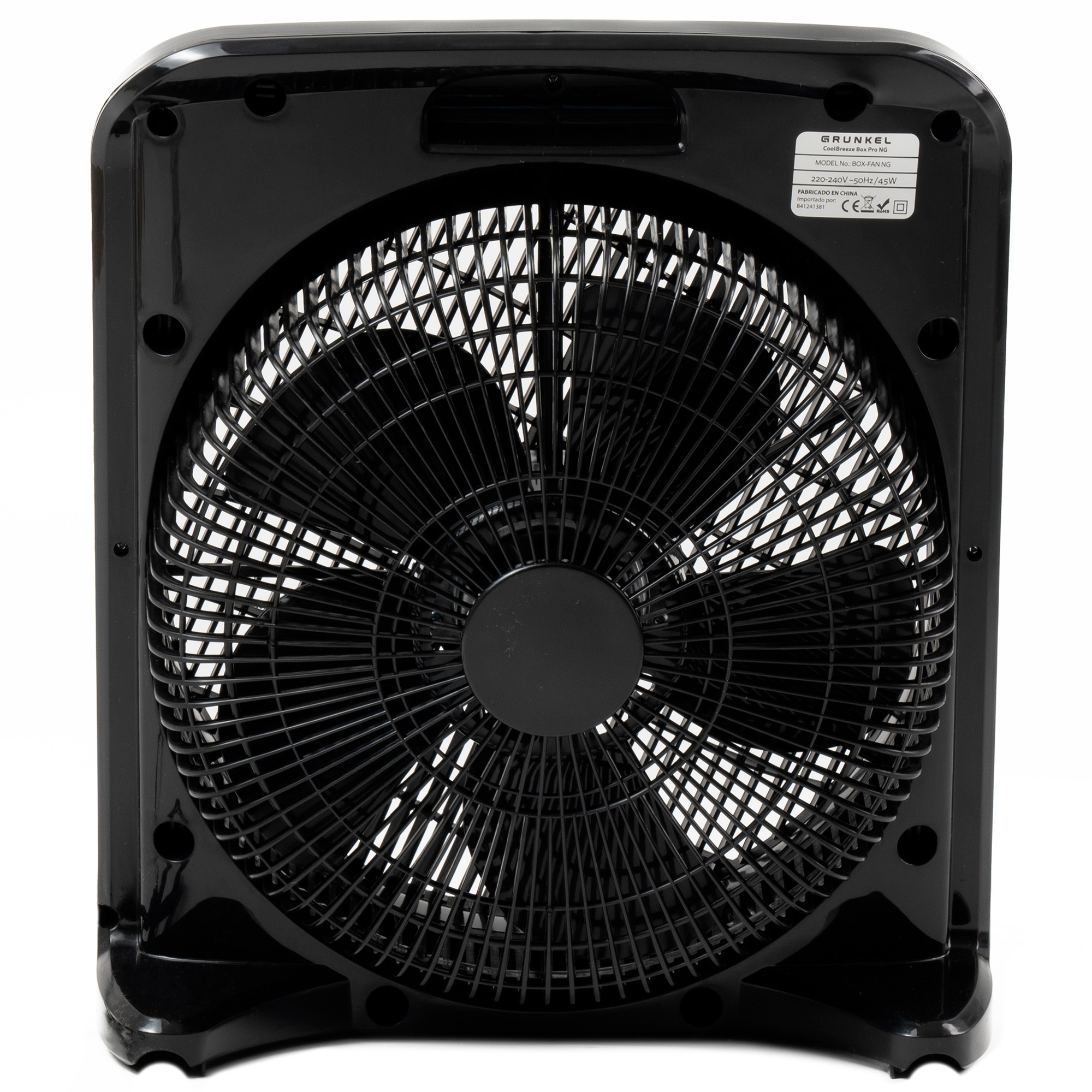 Ventilador cuadrado negro con aspas negras y base negra. Fondo blanco.