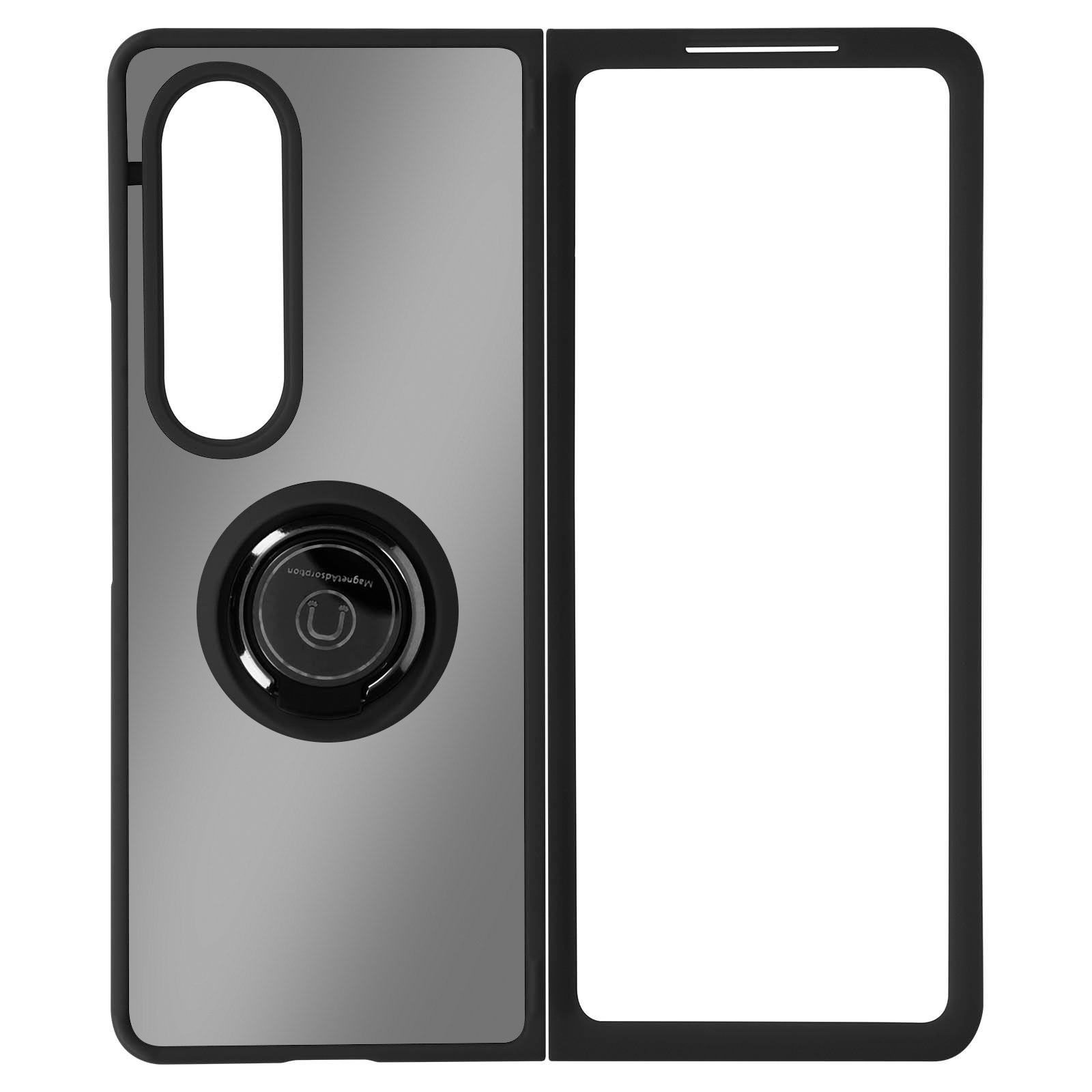 Una custodia nera per telefono con un anello. Il telefono è aperto, rivelando lo schermo.