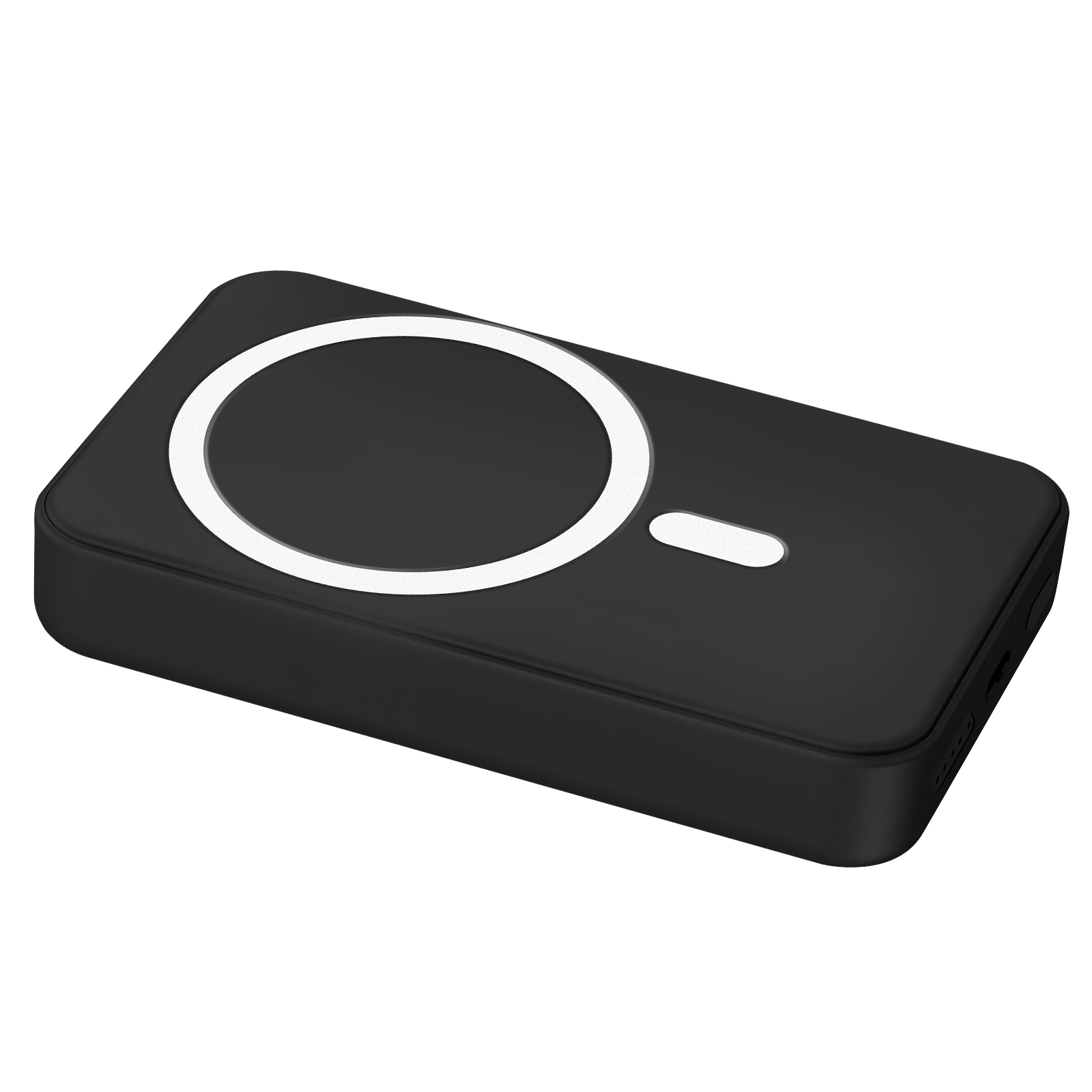 Un banco de energía negro y rectangular con una almohadilla de carga circular blanca en la parte superior.