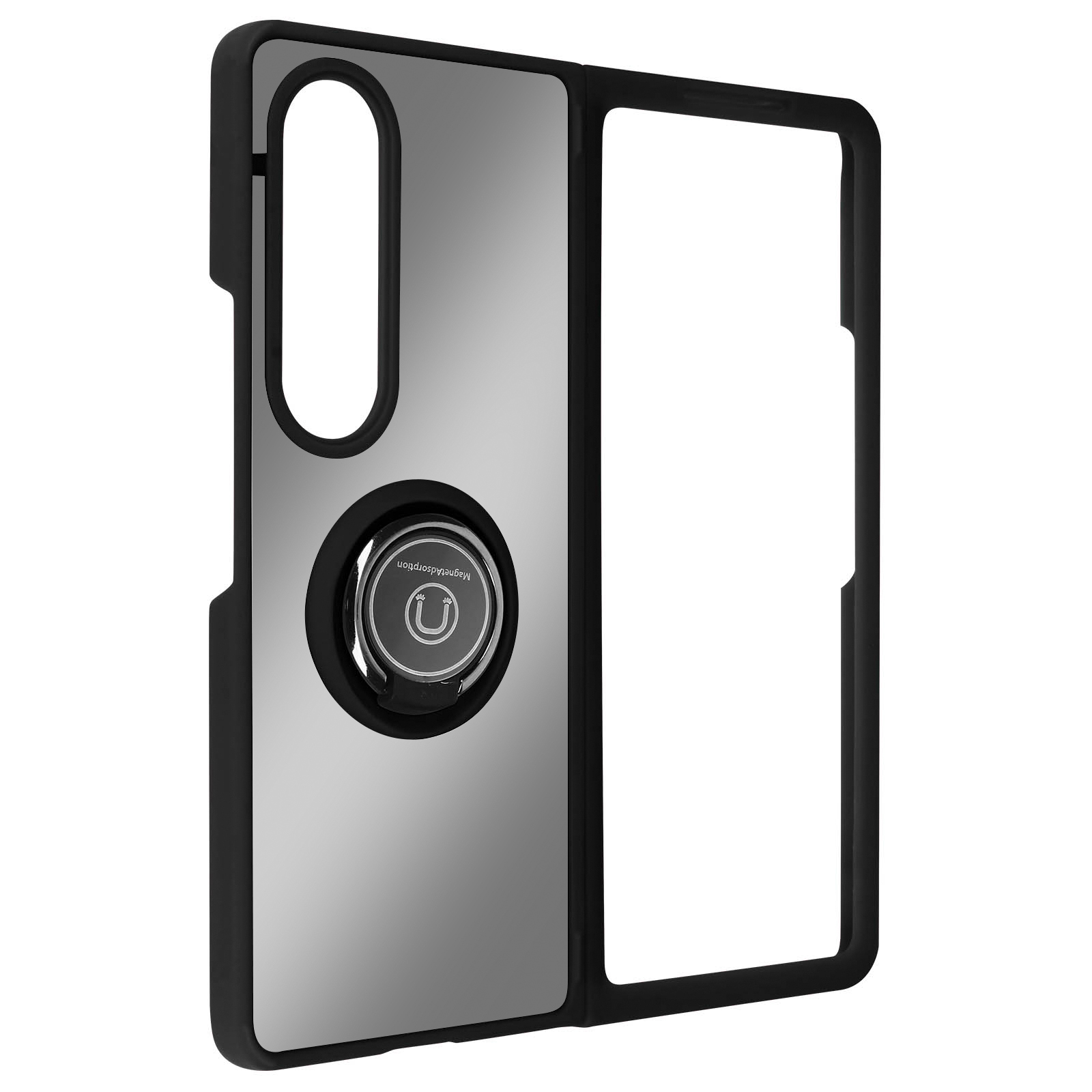 Custodia per telefono nera con specchio argentato e supporto ad anello. Il telefono è piegato.