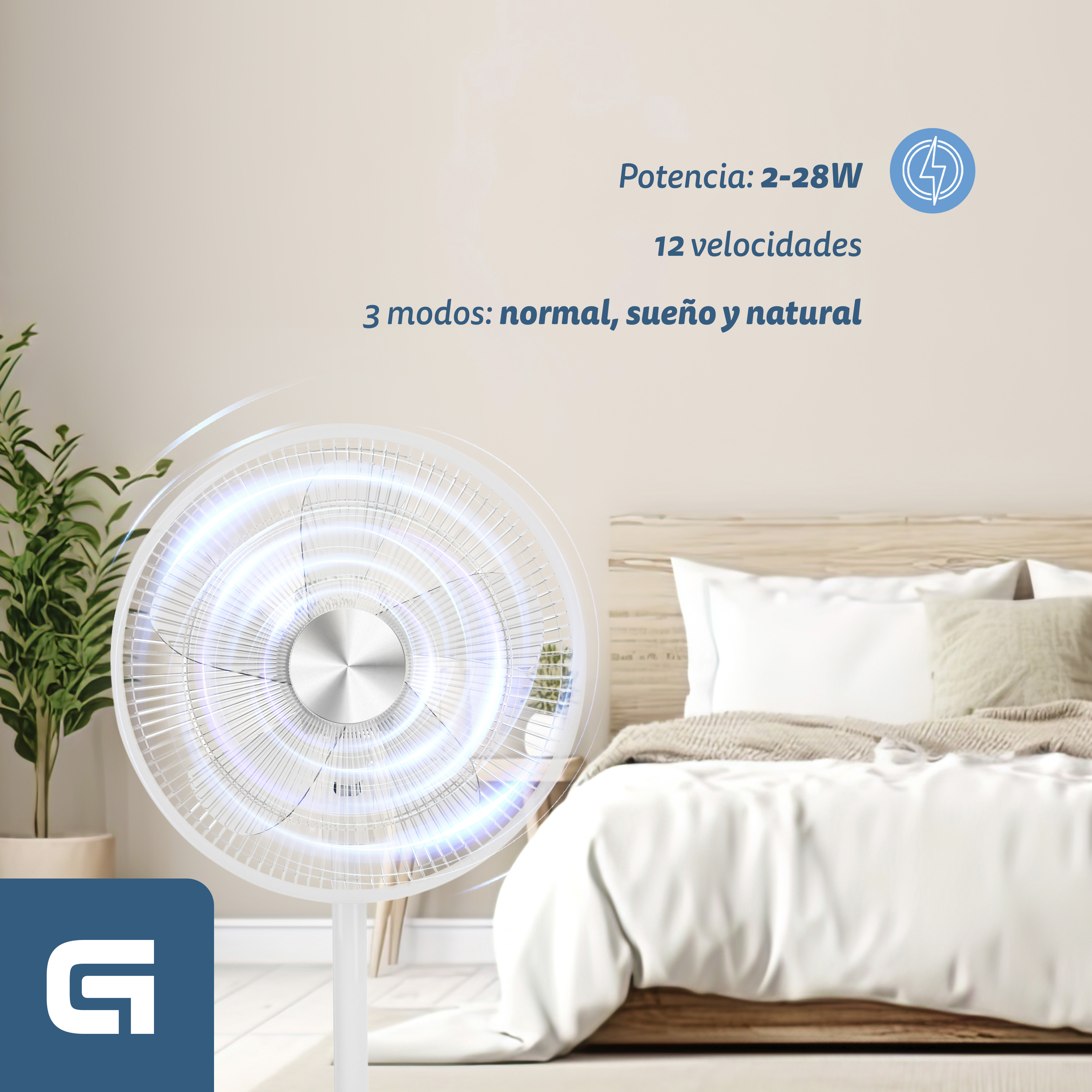 Biały wentylator z tekstem o trybach i mocy obok łóżka z białą pościelą.