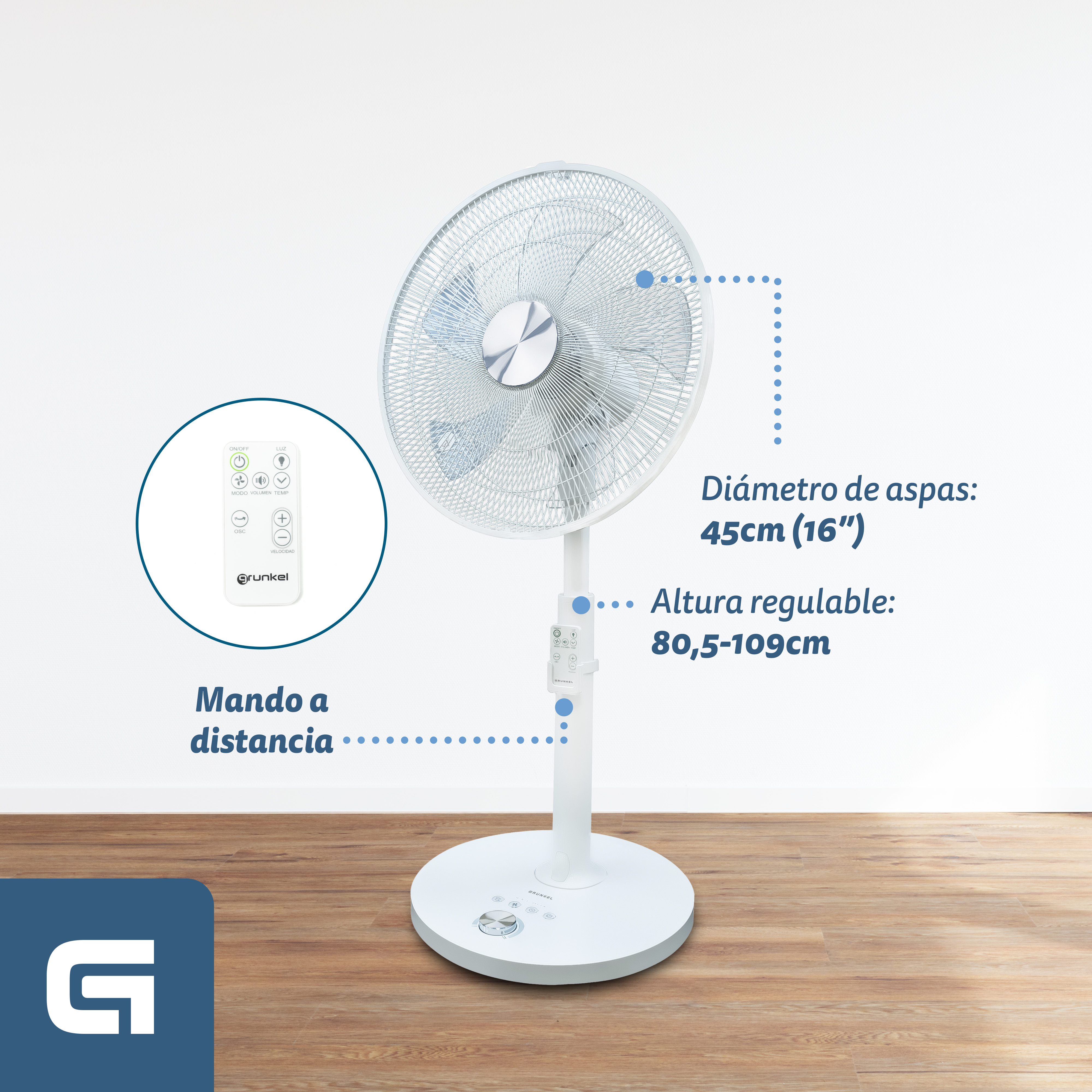 Biały wentylator z pilotem, z regulowaną wysokością.