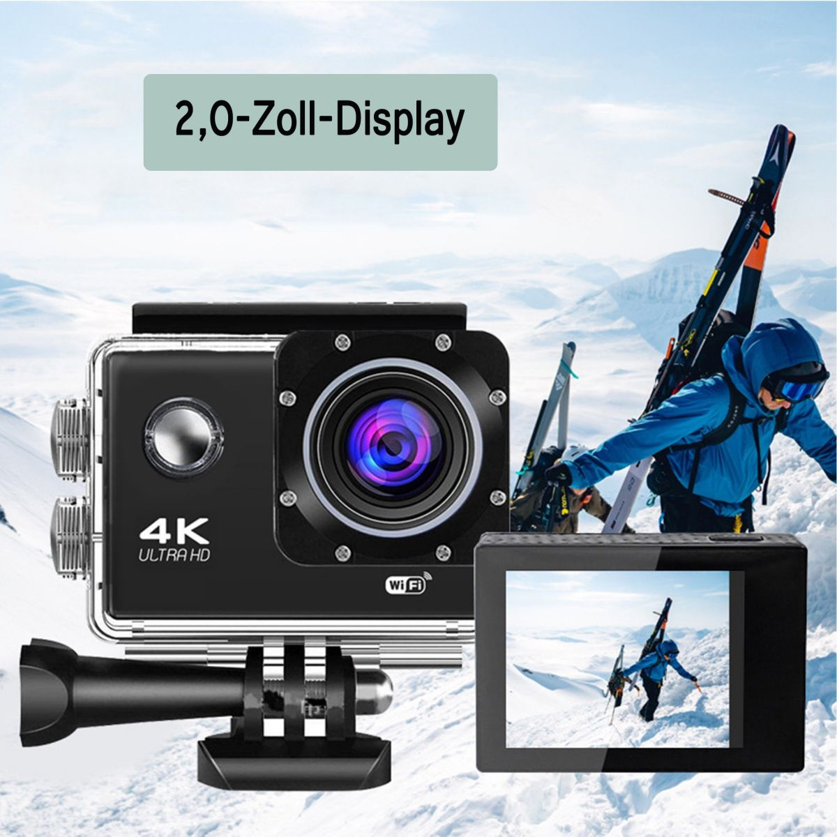 Eine Action-Kamera mit Display, das einen Skifahrer zeigt. Zubehör und Skifahrer auch zu sehen.
