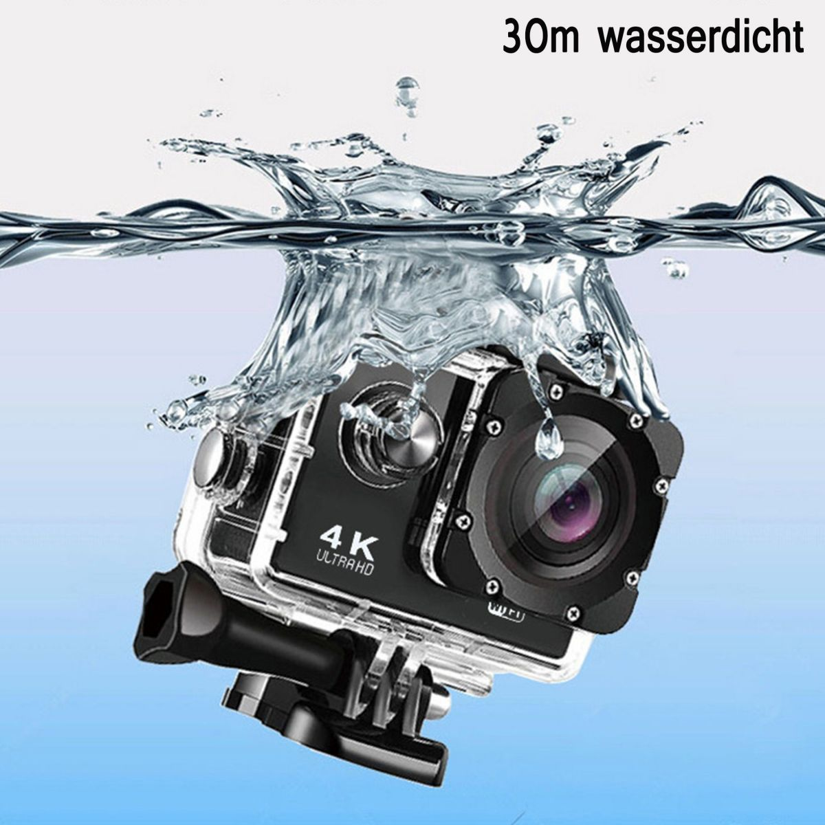 Eine Action-Kamera unter Wasser, mit einem Spritzer und dem Text '30m wasserdicht'.