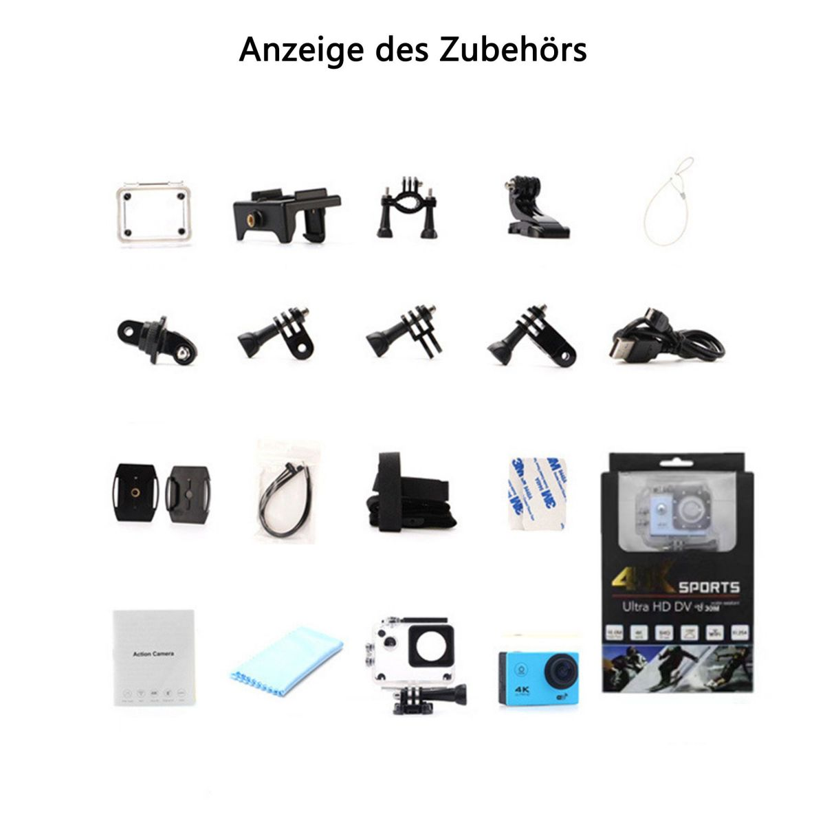 Zubehör für eine Action-Kamera, einschließlich Halterungen, Gehäuse und einer kleinen Kamera.