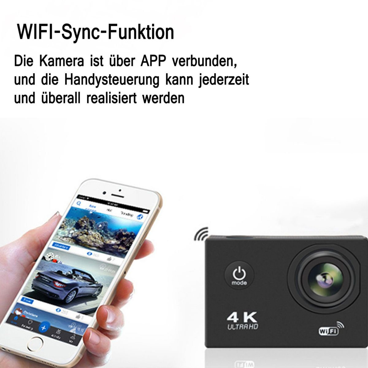 Eine schwarze Kamera und ein Smartphone mit App-Oberfläche. Text auf Deutsch sichtbar.