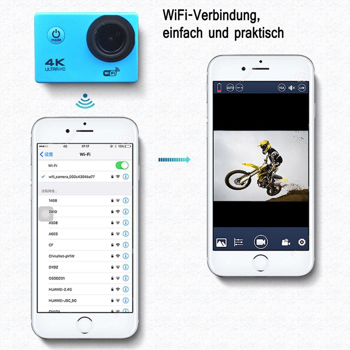 Blaue Action-Kamera und zwei Smartphones, die die Live-Ansicht und Einstellungen der Kamera anzeigen.