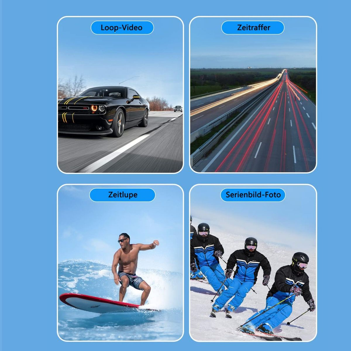 Vier Bilder, Auto auf der Straße, Stadtlichter, Surfer, Skifahrer. Alles mit blauem Hintergrund und weißem Text.