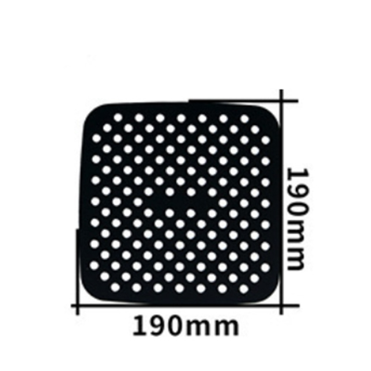 Schwarze Airfryer-Liner mit kleinen Löchern und Abmessungen, 190 mm x 190 mm, auf weißem Hintergrund.