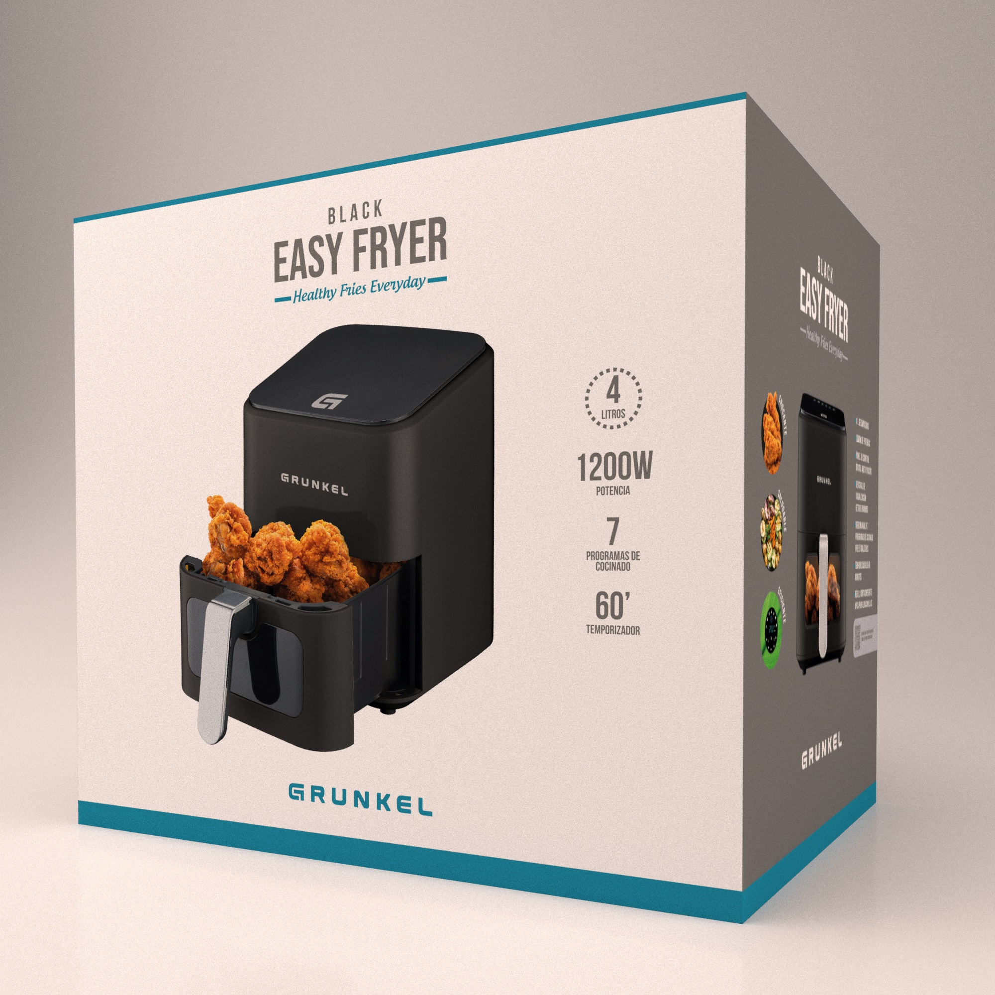 Freidora de aire negra en su caja con comida frita en la cesta. La caja tiene detalles, incluyendo marca y funciones.