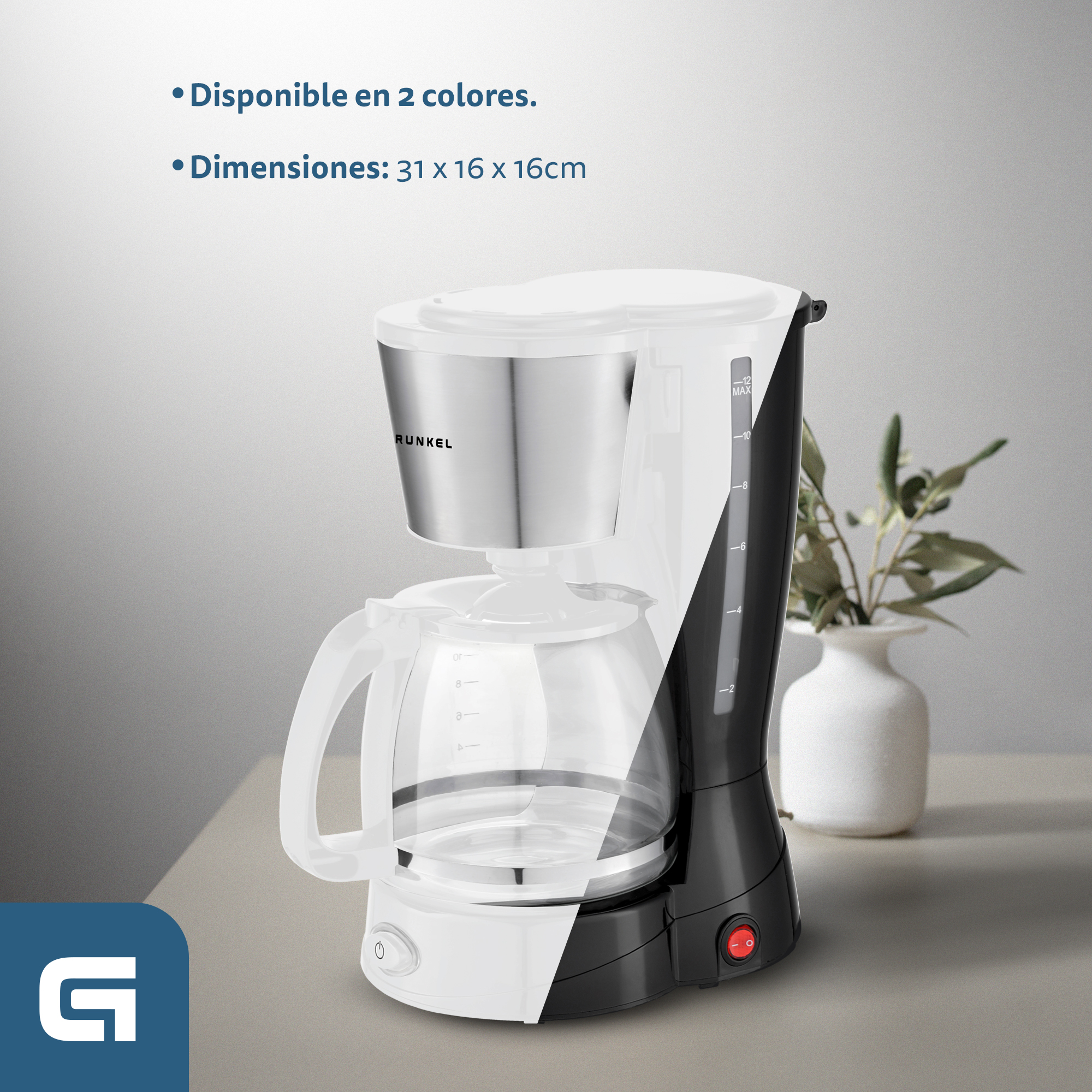 Czarno-biały ekspres do kawy ze szklaną karafką. Tekst po hiszpańsku. Białe tło.