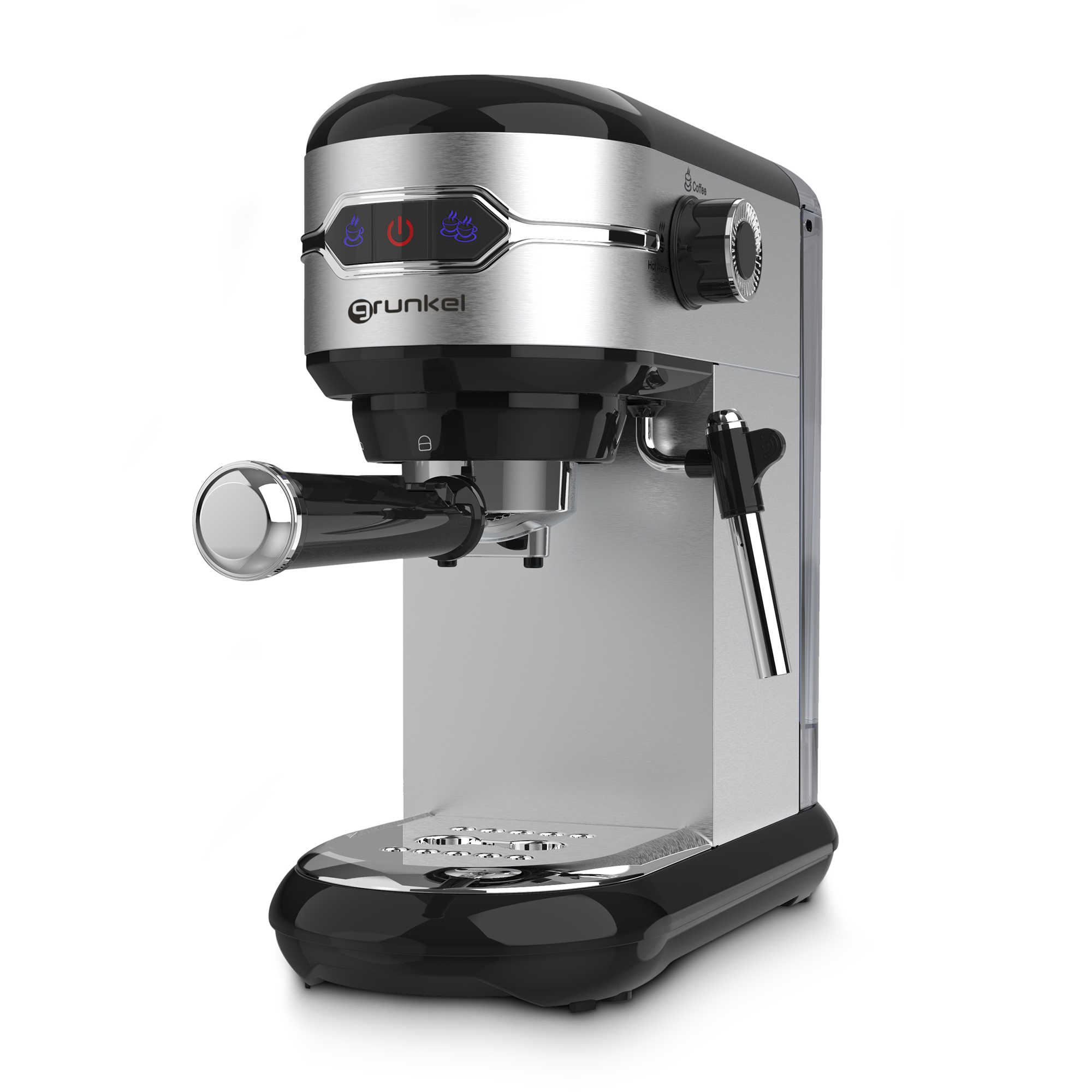 Máquina de espresso: máquina de espresso plateada y negra sobre fondo blanco.