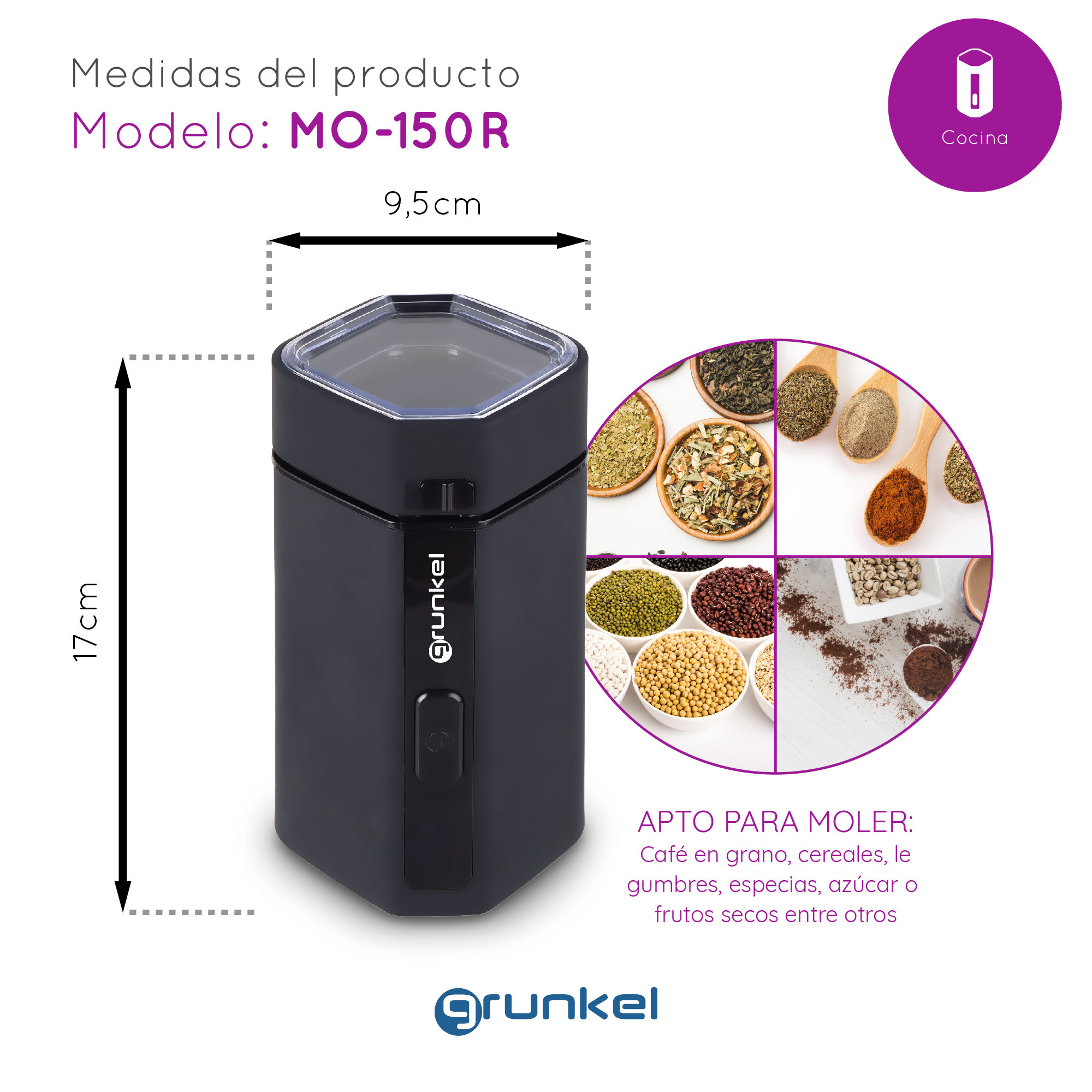 Molinillo de café negro con dimensiones. Además, diferentes especias en cuencos pequeños.