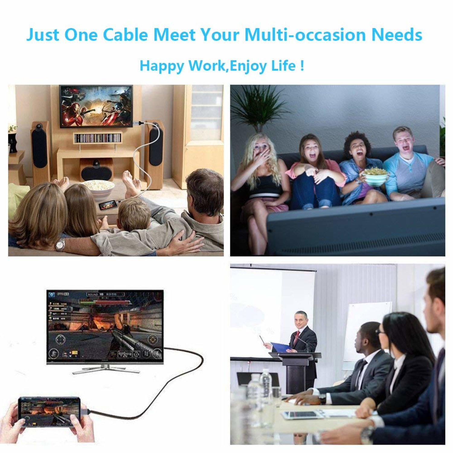 Una imagen compuesta muestra a personas disfrutando de medios en varias pantallas, enfatizando el cable multiuso.