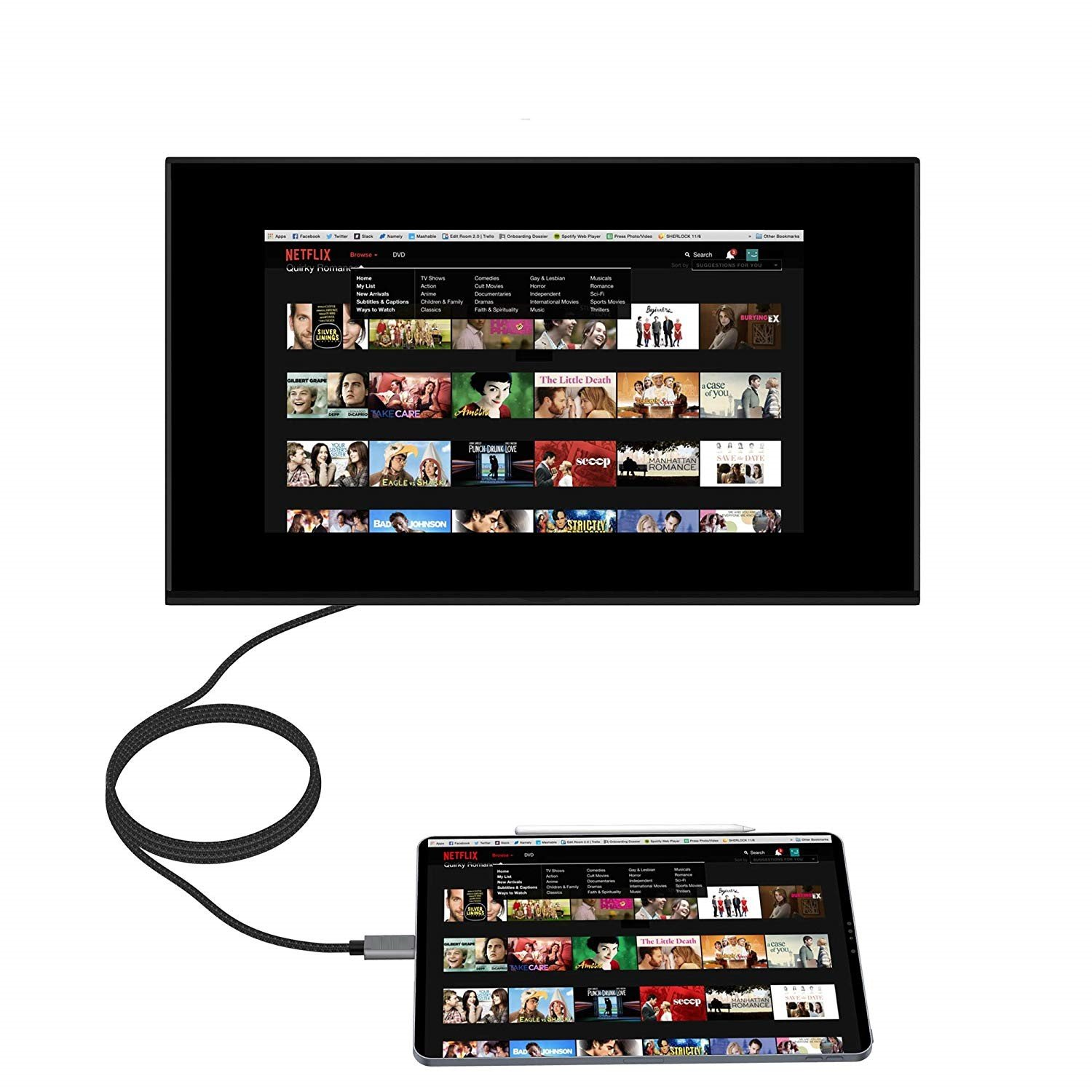 Tableta conectada a TV: tableta mostrando Netflix, conectada a un televisor.