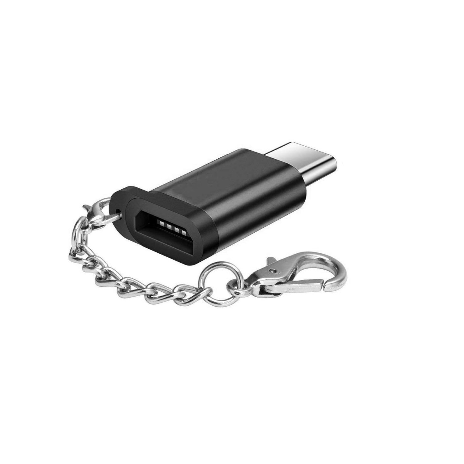 Ein schwarzer USB-C-Adapter mit Kette und Verschluss.