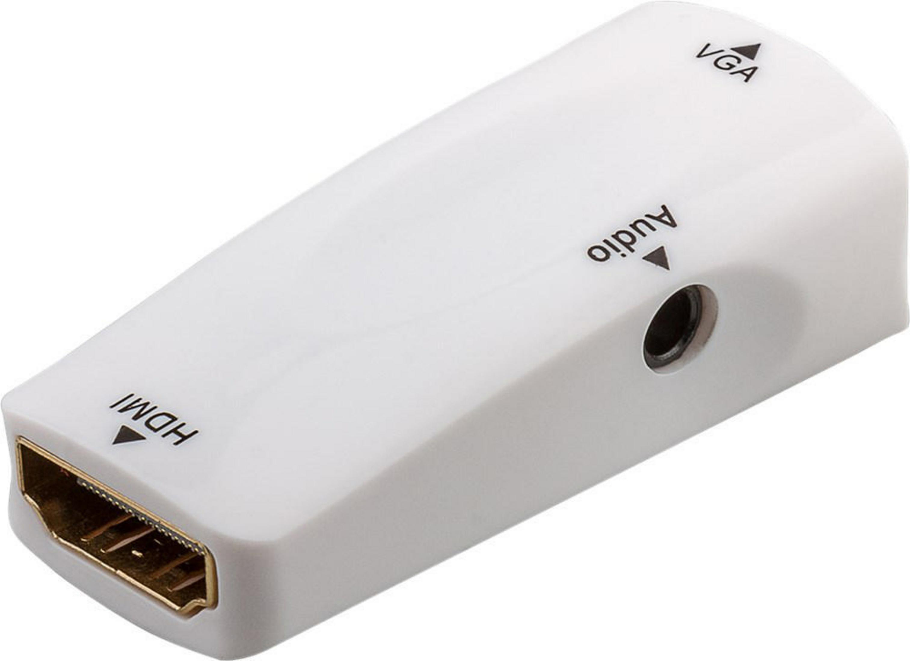 Weißer HDMI-zu-VGA-Adapter mit Audioanschluss. Anschlüsse mit HDMI, VGA und Audio beschriftet.