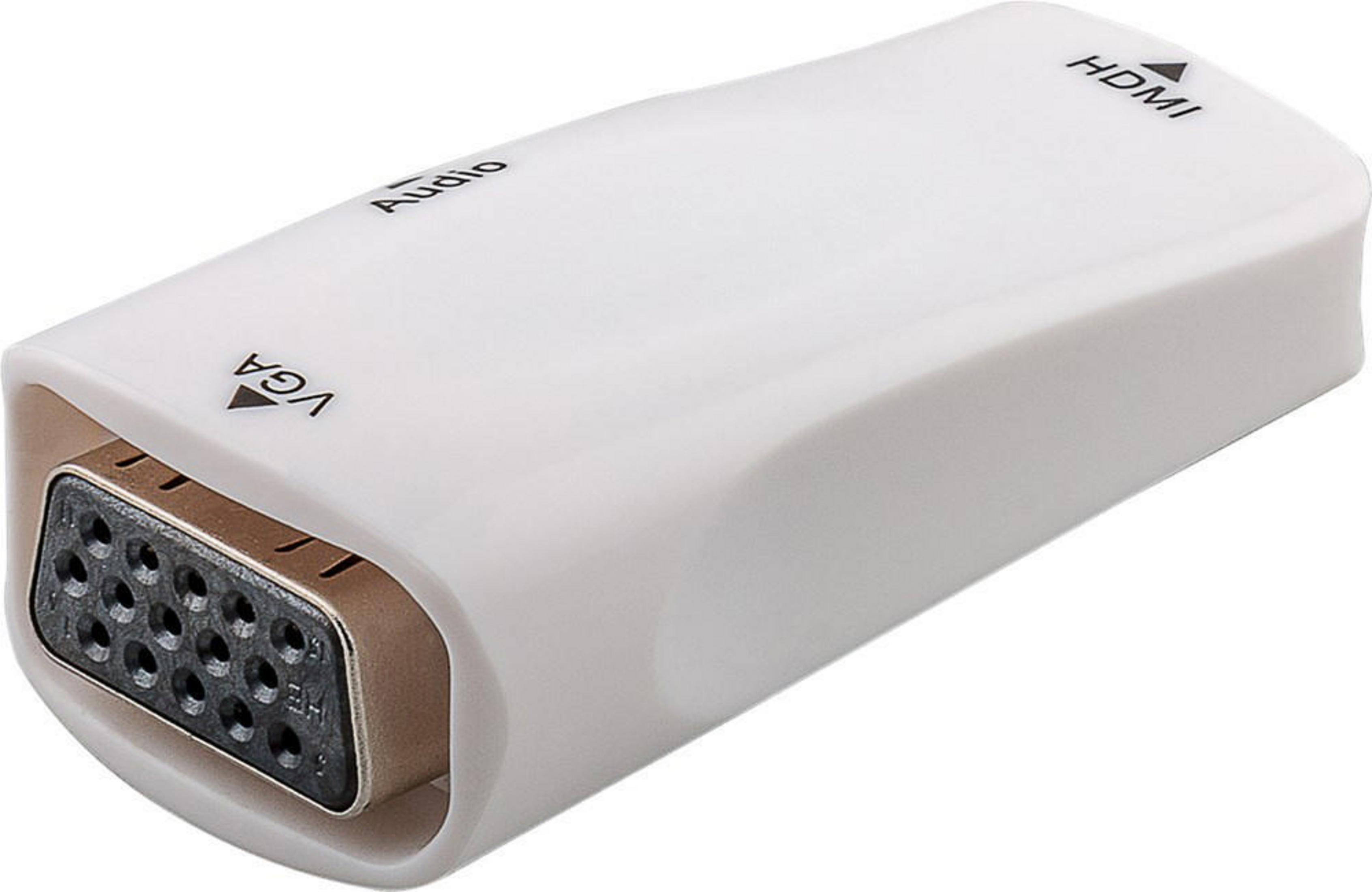 Ein weißer HDMI-zu-VGA-Konverter mit den Aufschriften 'Audio' und 'HDMI'.