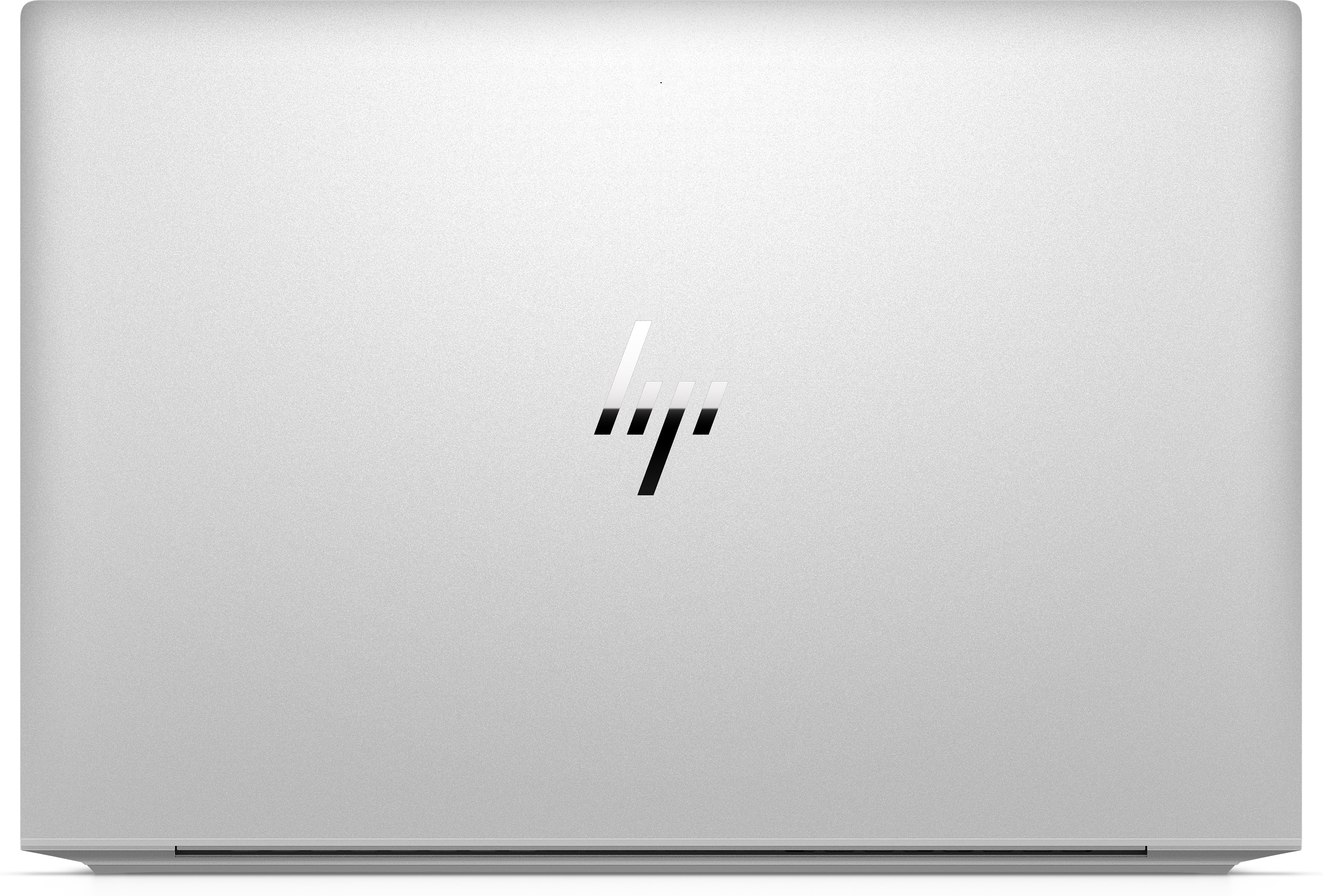 Zilveren laptop, bovenaanzicht, met HP-logo.