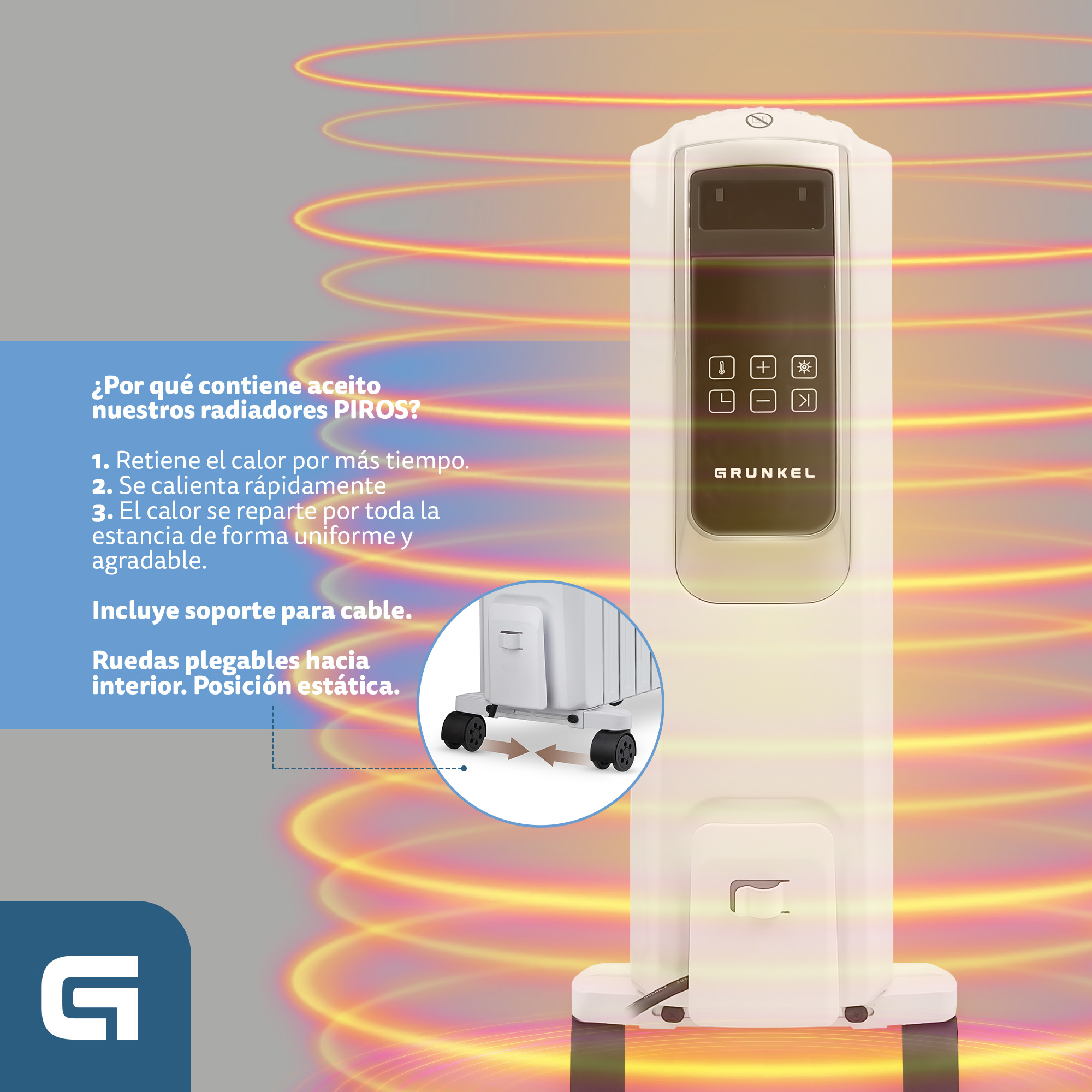 Un radiatore a olio bianco con testo in spagnolo, con un diagramma che mostra ruote pieghevoli.
