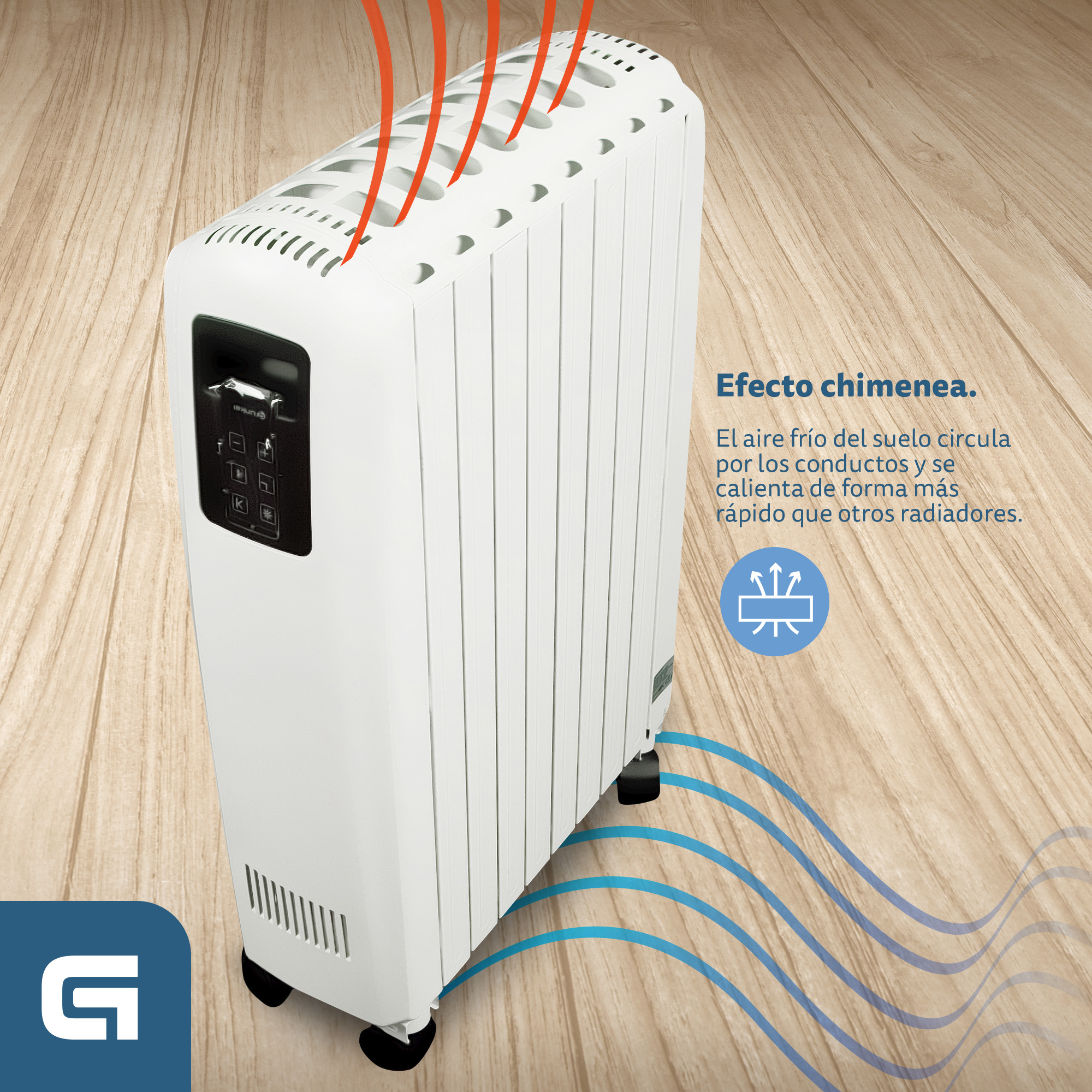 Un termoventilatore verticale bianco con un diagramma di circolazione dell'aria. Il termoventilatore ha i comandi sul lato.