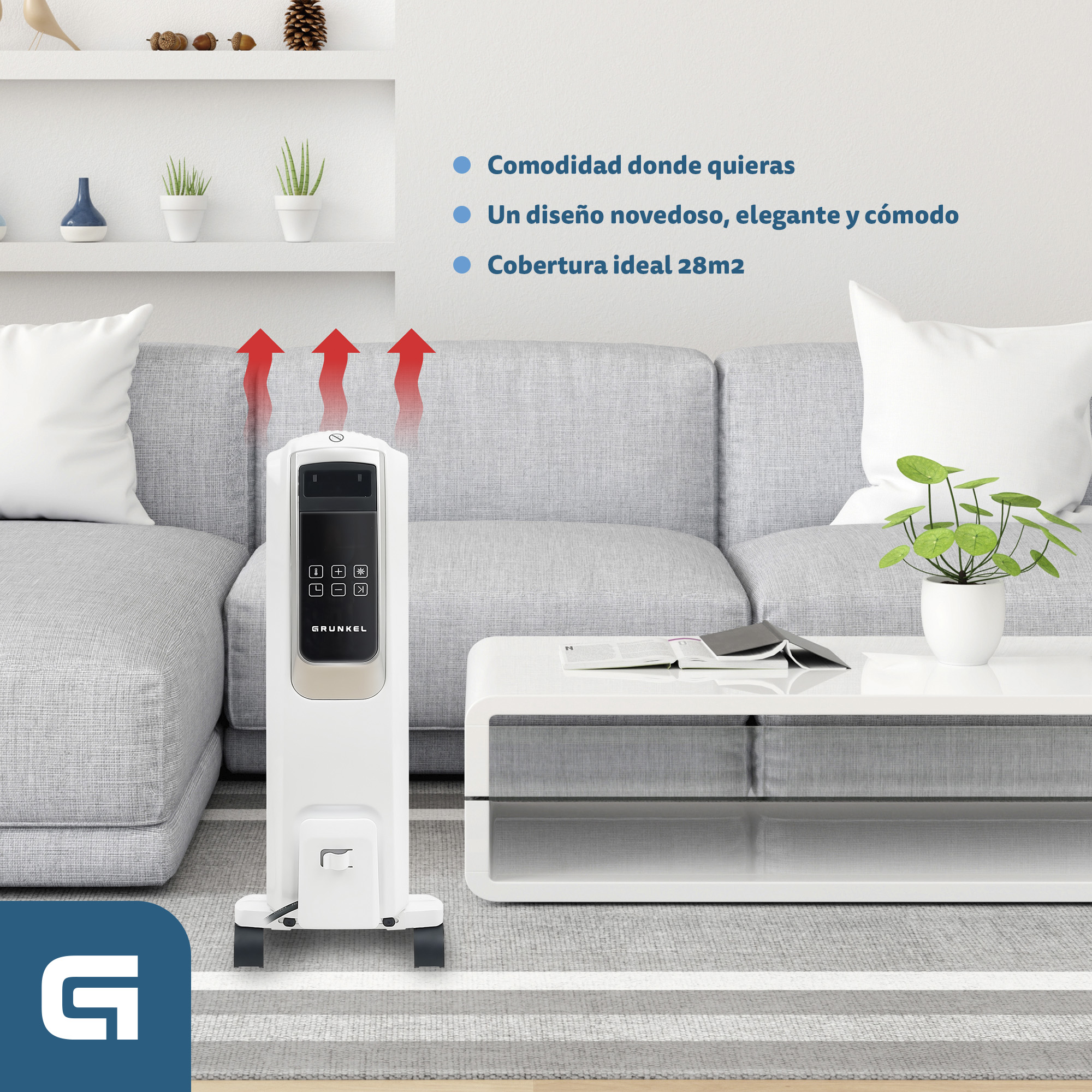 Un calentador eléctrico blanco en una sala de estar. Flechas rojas que indican la dirección del calor. Texto sobre confort y diseño.