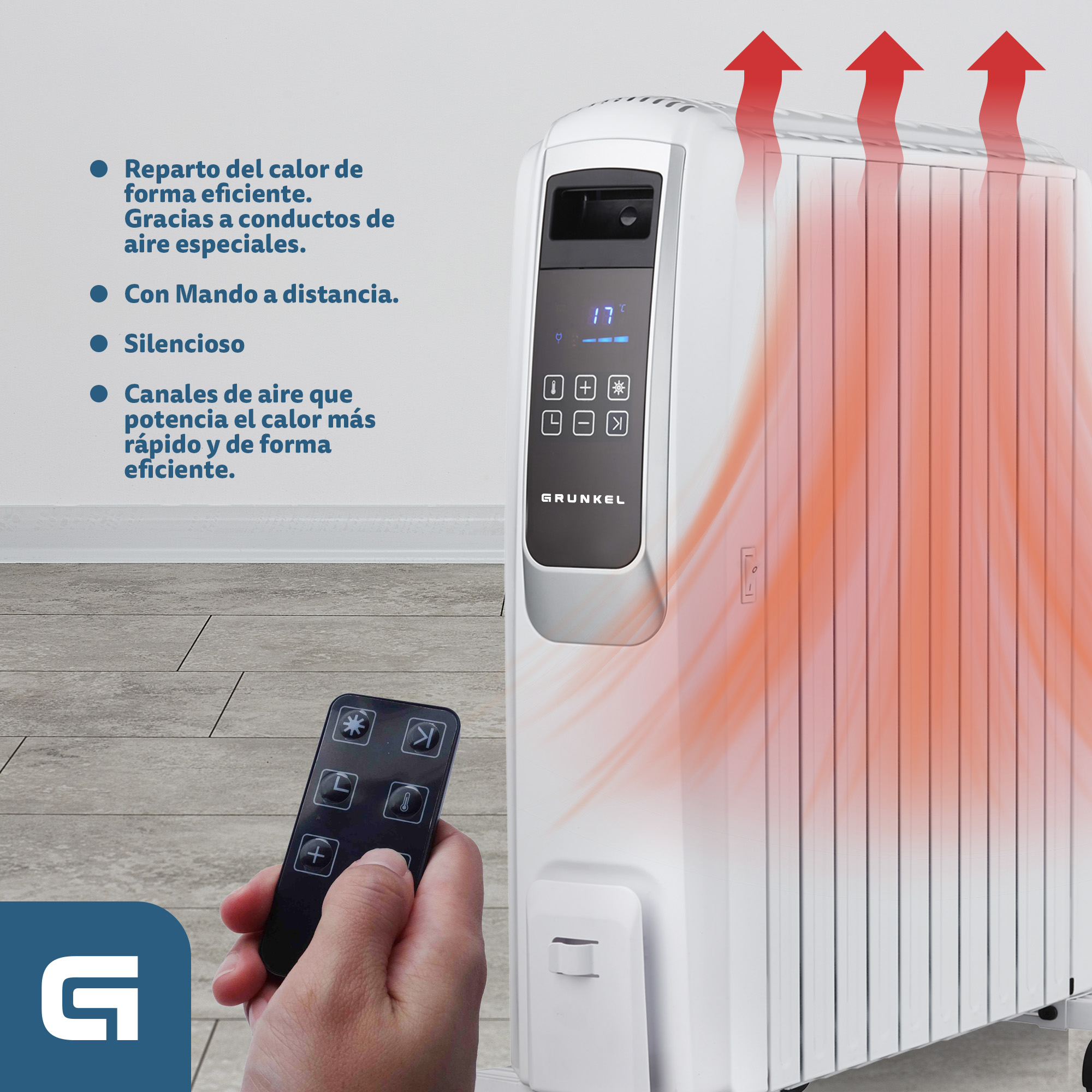 Calentador eléctrico blanco con panel de control, mando a distancia y ondas de calor rojas.