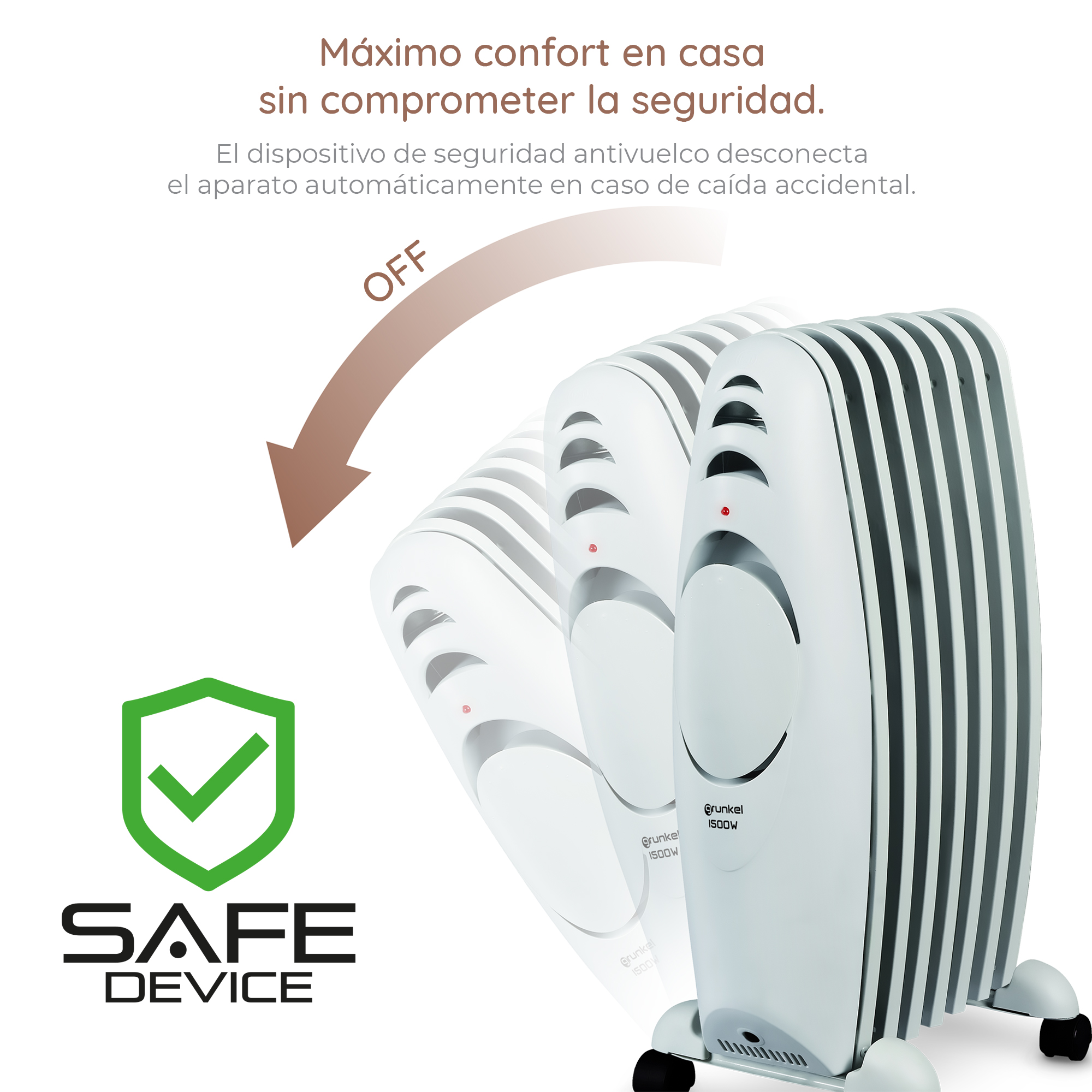 Calentador de aceite blanco con etiqueta de dispositivo seguro, flecha a la posición 'OFF'.