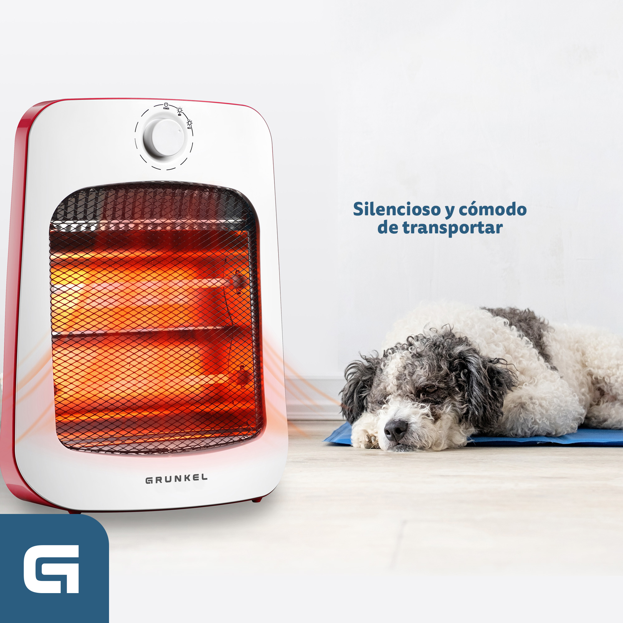 Un calefactor blanco y rojo con un perro tumbado. El calefactor está encendido y el perro está en una alfombra azul.