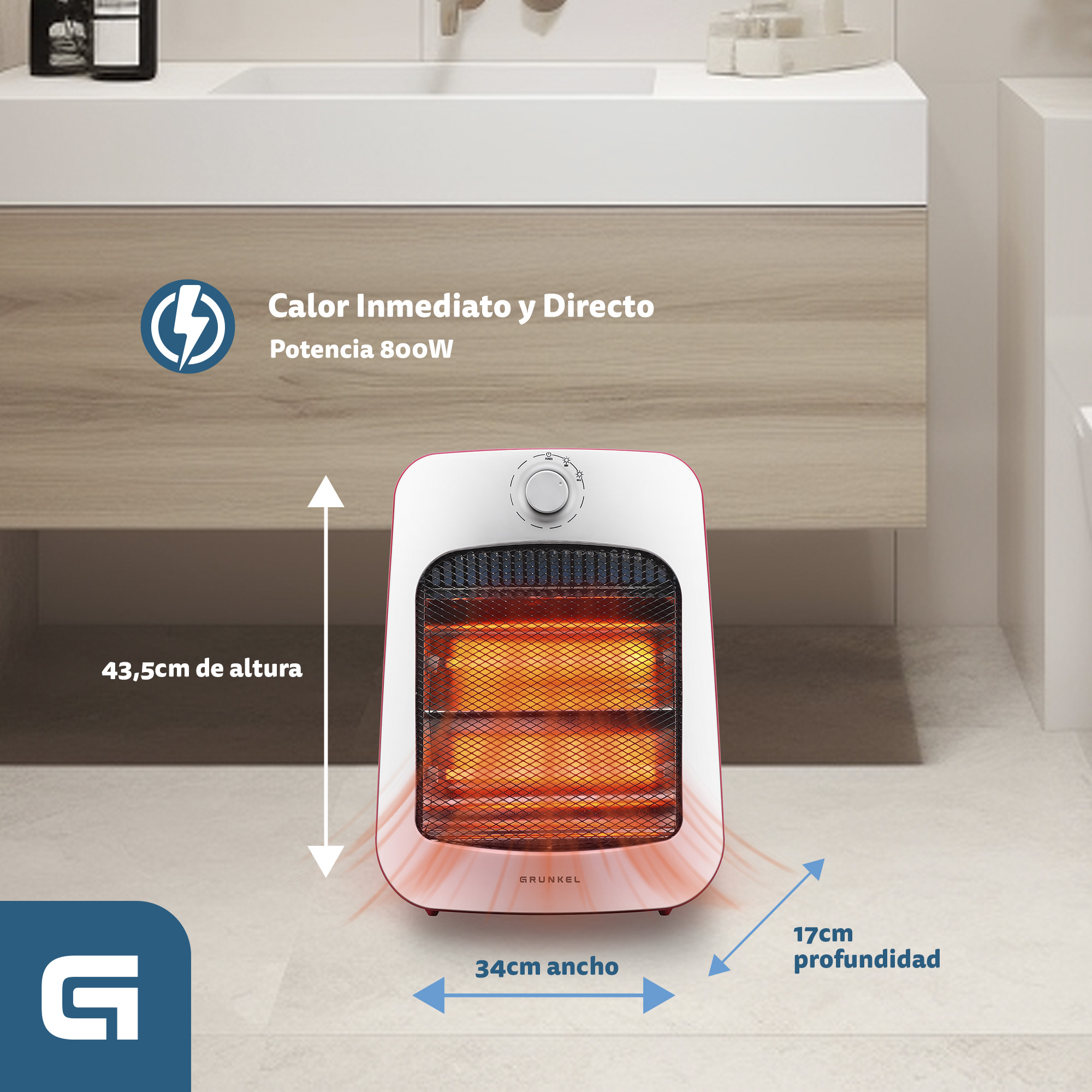 Calentador eléctrico blanco y rojo, etiquetado 'BRUNKEL', con dimensiones en español.