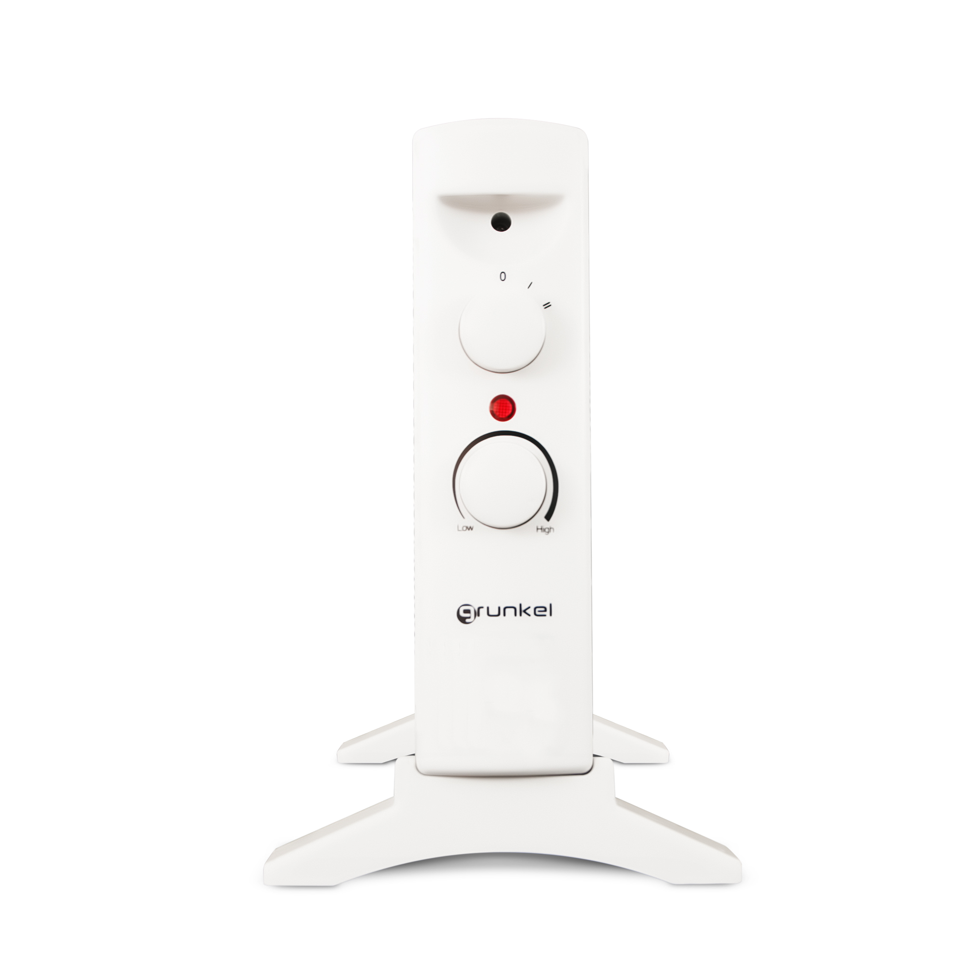 Calentador eléctrico blanco. Tiene un dial para la configuración de calor y una luz roja indicadora de encendido.