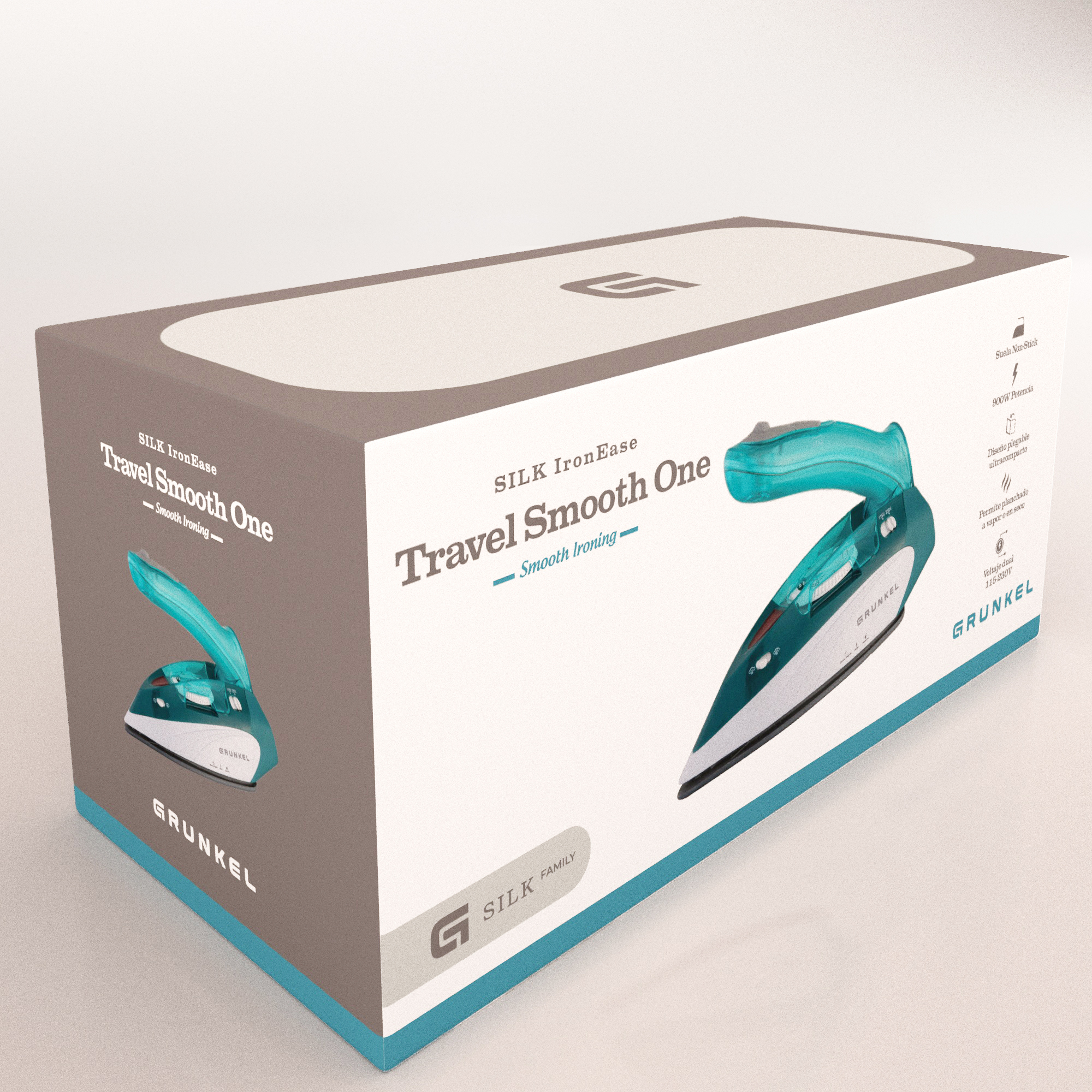 Caja de plancha con imagen de plancha turquesa, texto y diseño rojo y blanco.