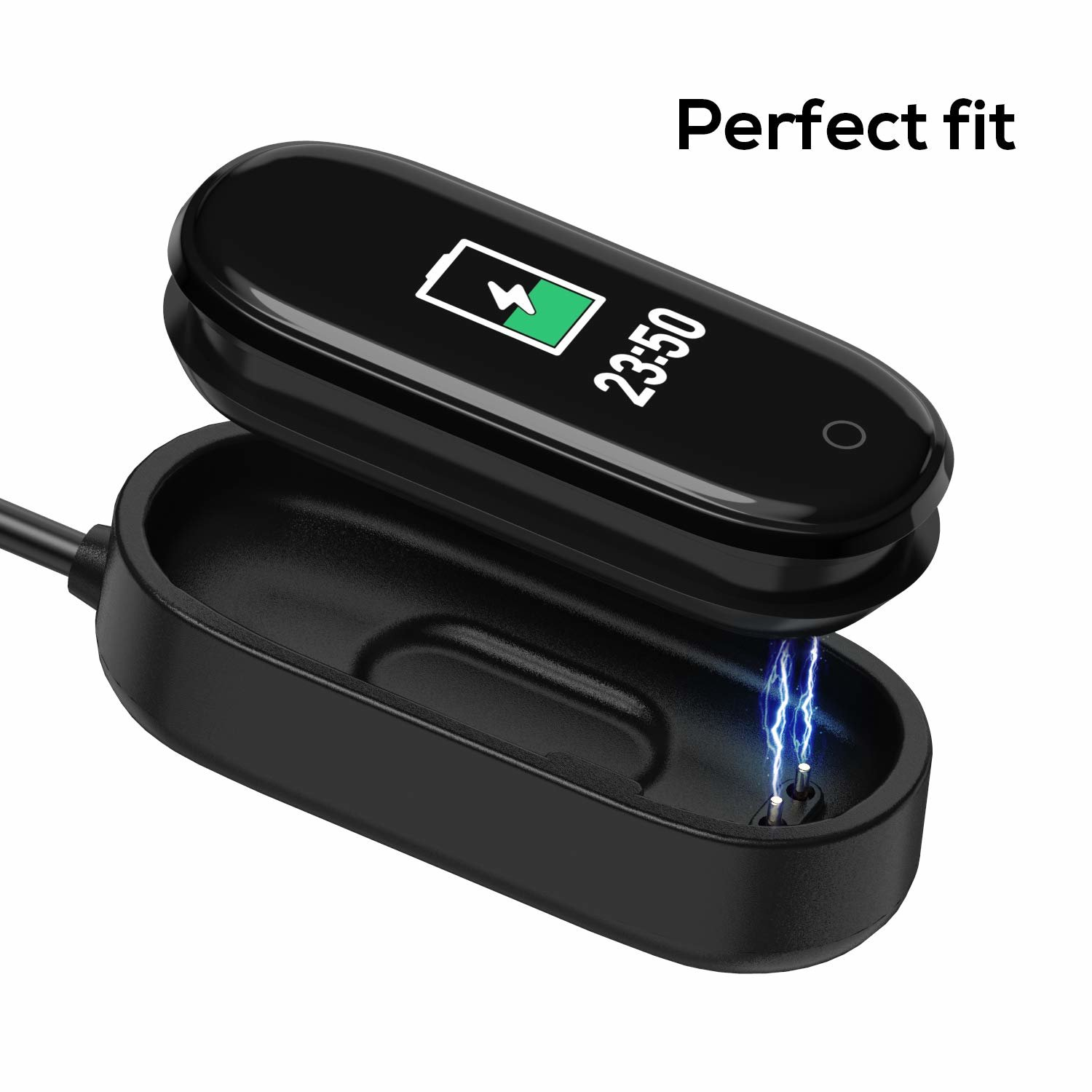 Schwarze Ladestation mit einer Smartwatch darauf. Der Bildschirm zeigt Zeit und Akkustand an.