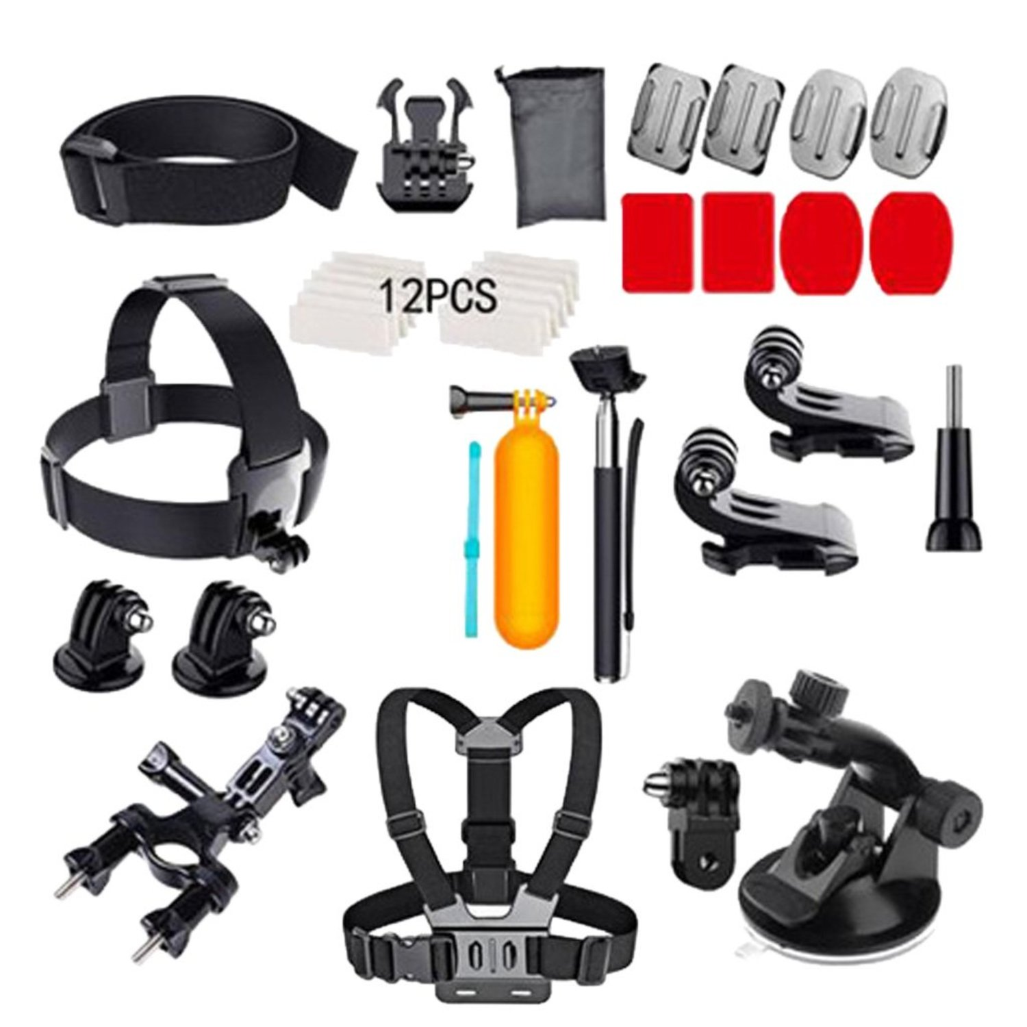 Assortimento di accessori per action cam su sfondo bianco.
