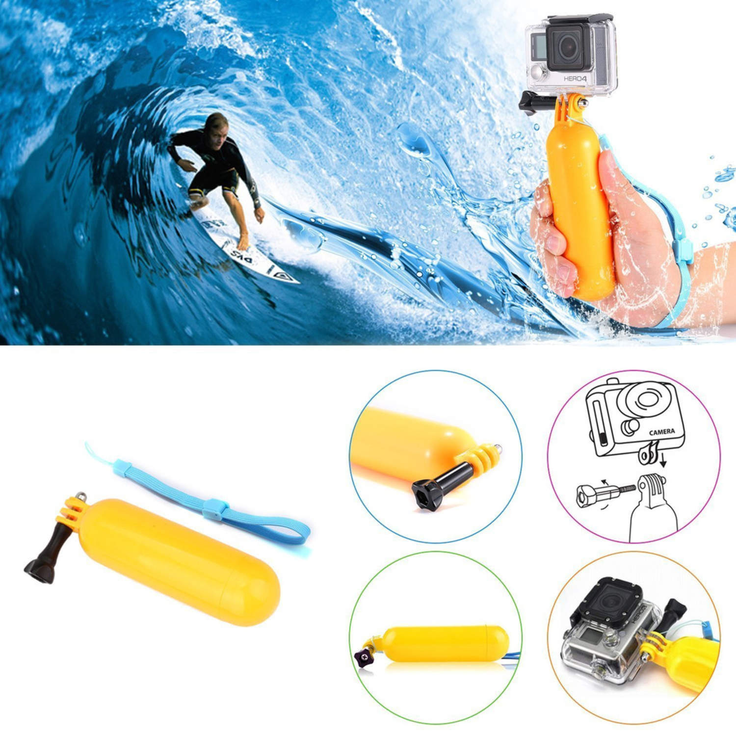 Un surfista su un'onda, una GoPro su un galleggiante giallo e diagrammi.