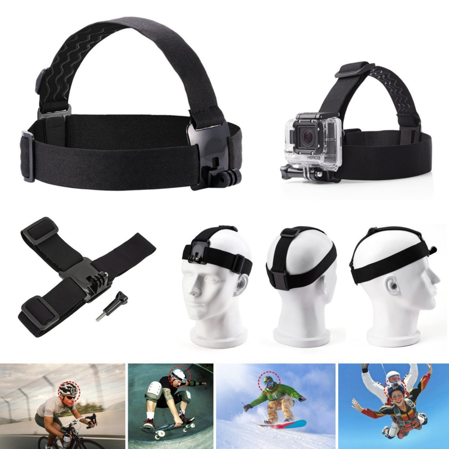 Cuffia per action cam. Diverse viste, inclusa una persona, e accessori.
