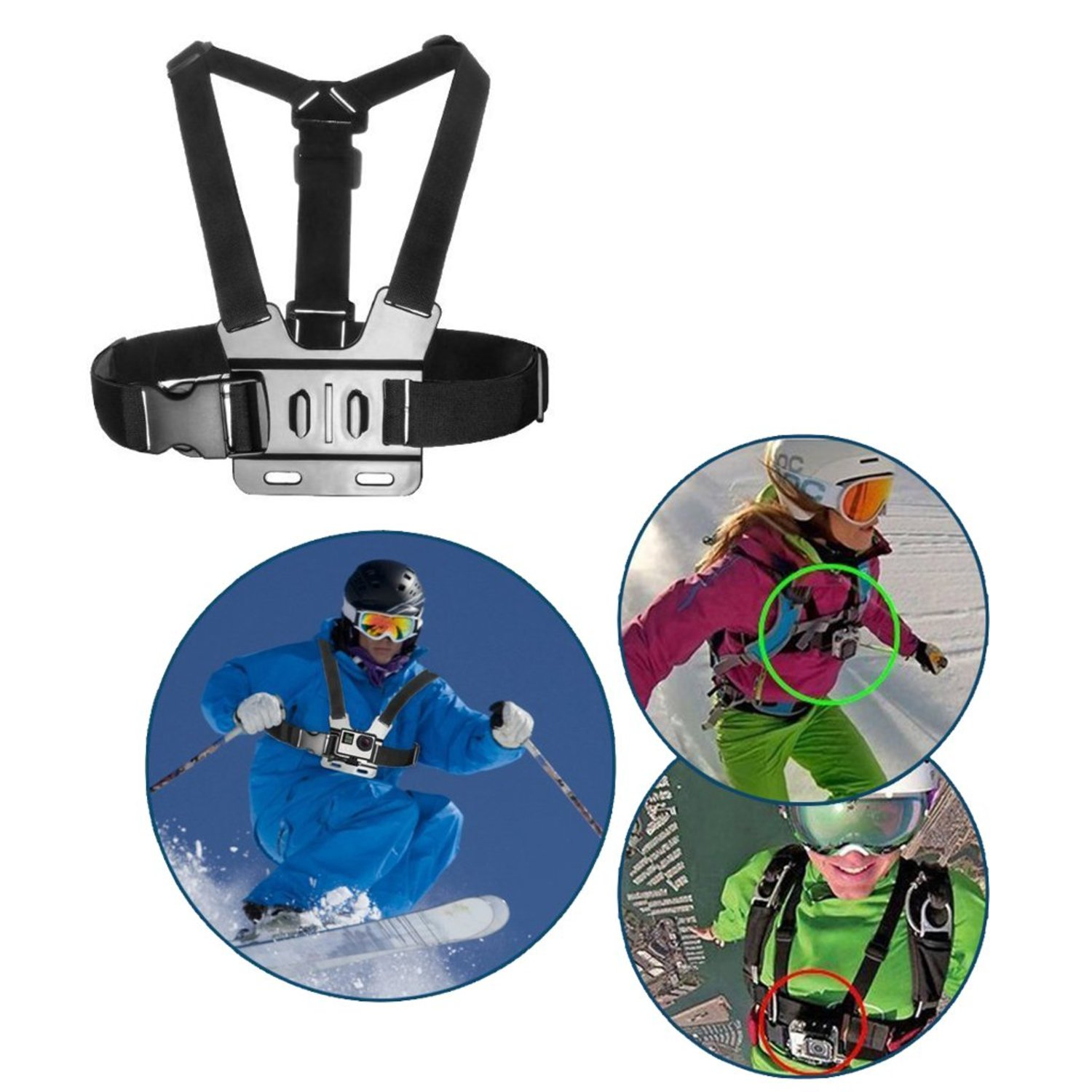 Supporto pettorale per action camera, più due persone che indossano il supporto mentre sciano o fanno paracadutismo.