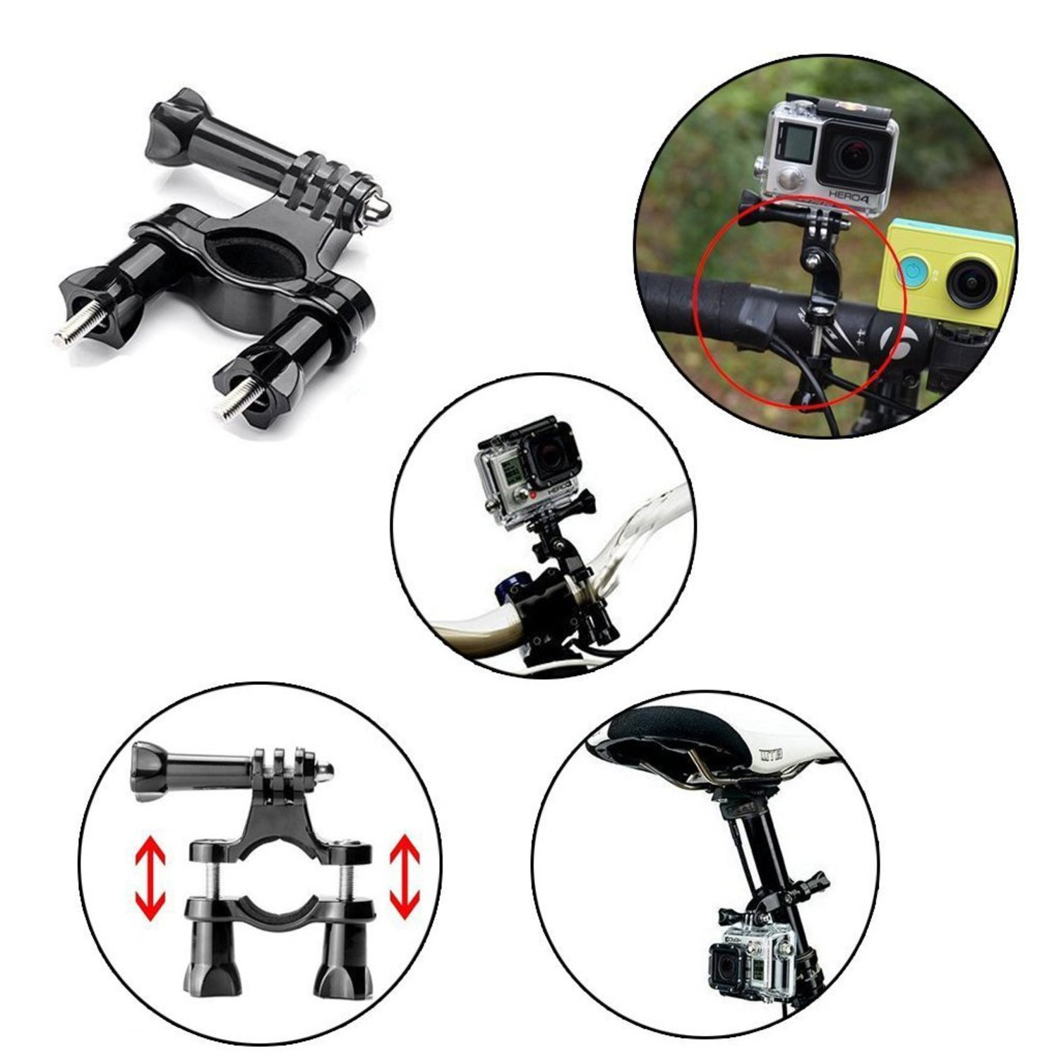 Diverse viste di un supporto per fotocamera GoPro, attaccato a una bici. Vengono mostrate varie opzioni.