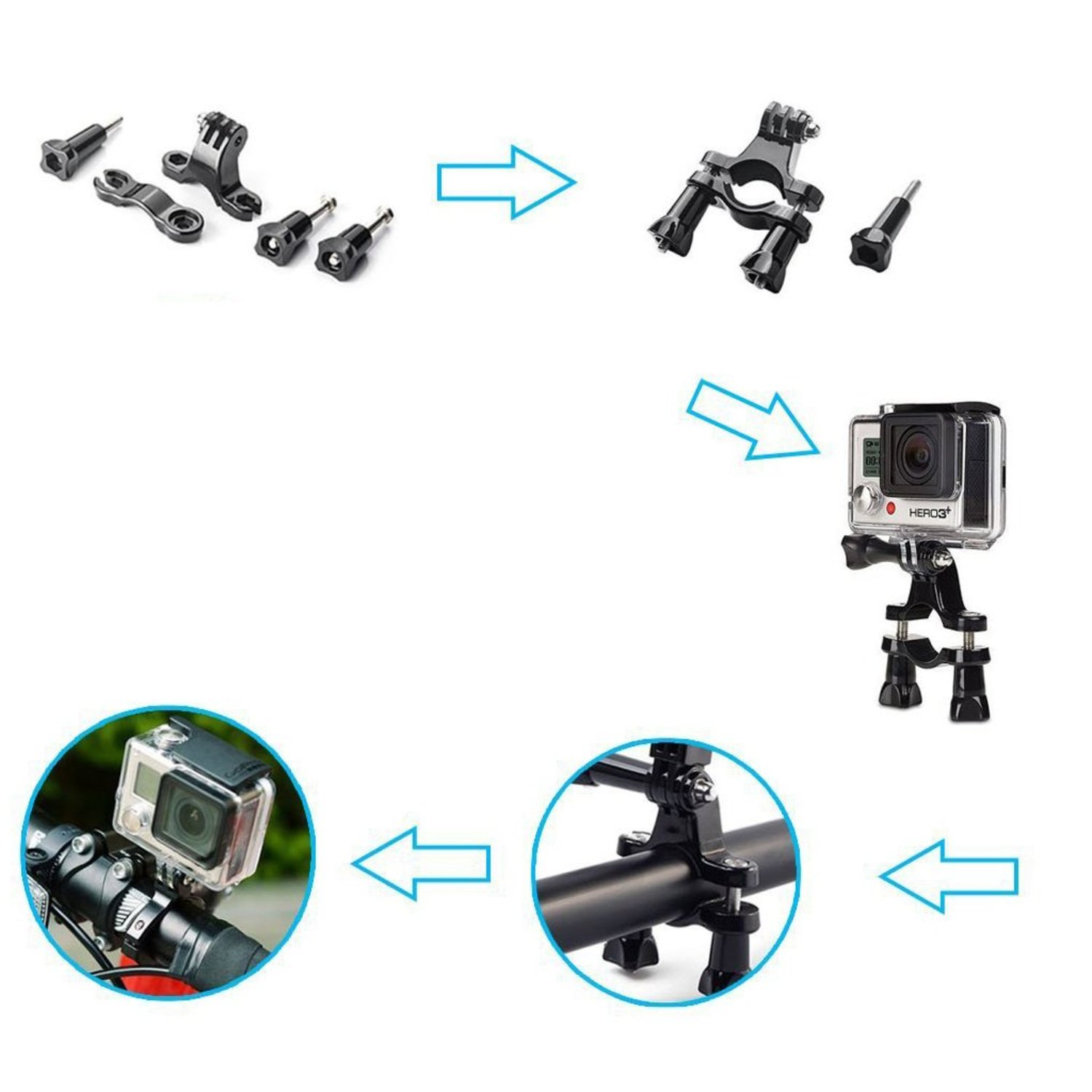 Varie parti di montaggio della fotocamera e fotocamera assemblata.