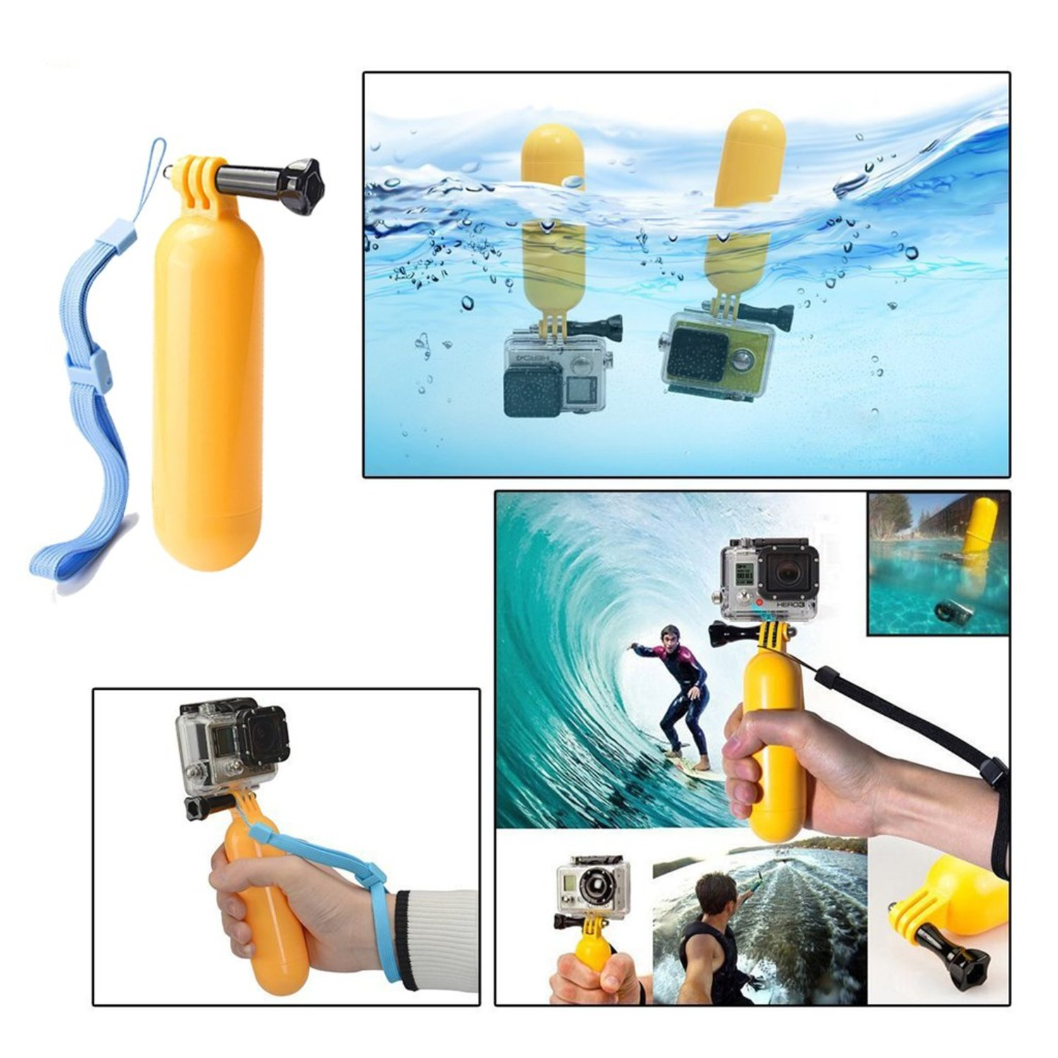 Immagini di action cam con galleggianti gialli, alcuni in acqua, tenuti in mano e su una tavola da surf.