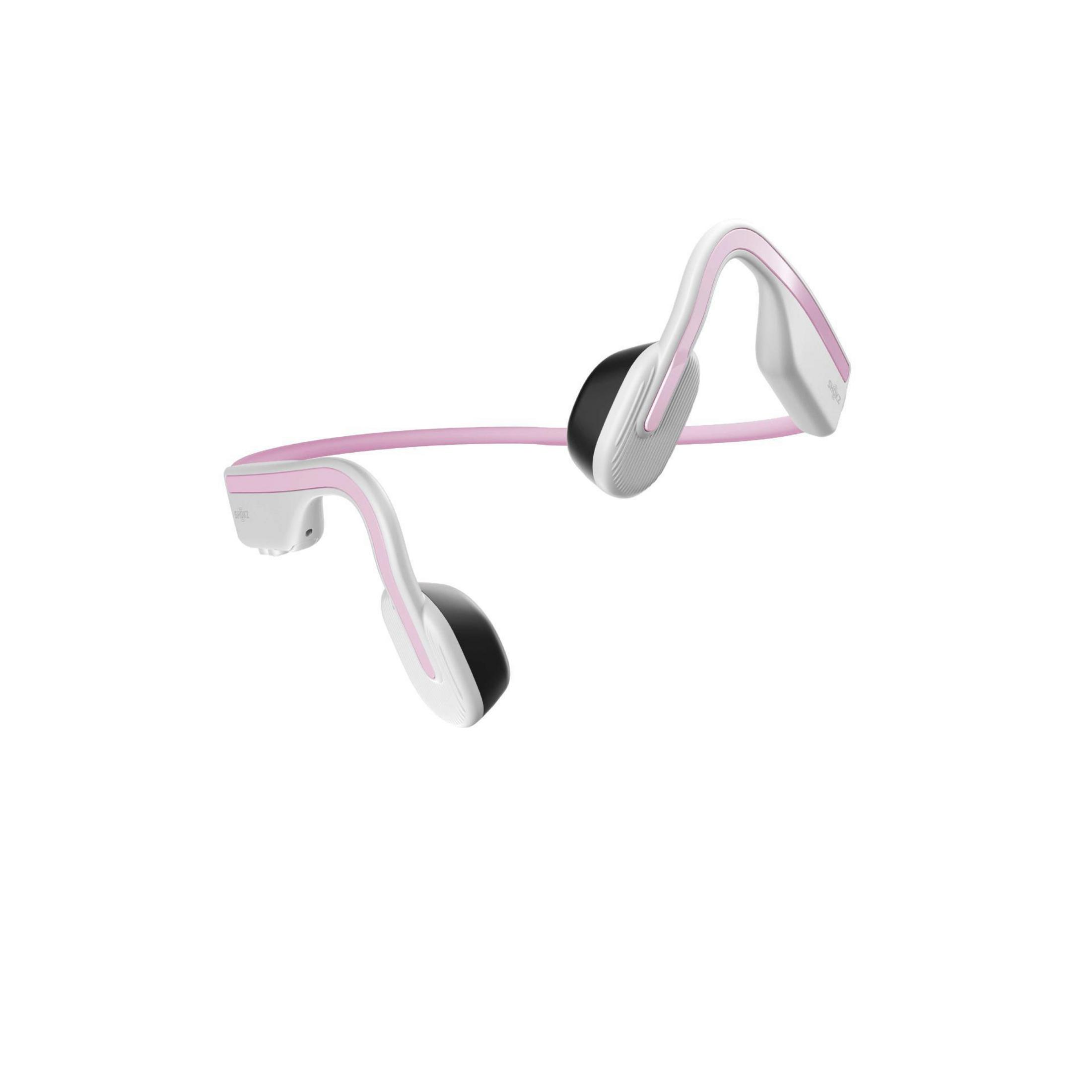 Cuffie a conduzione ossea, con un design rosa e bianco.