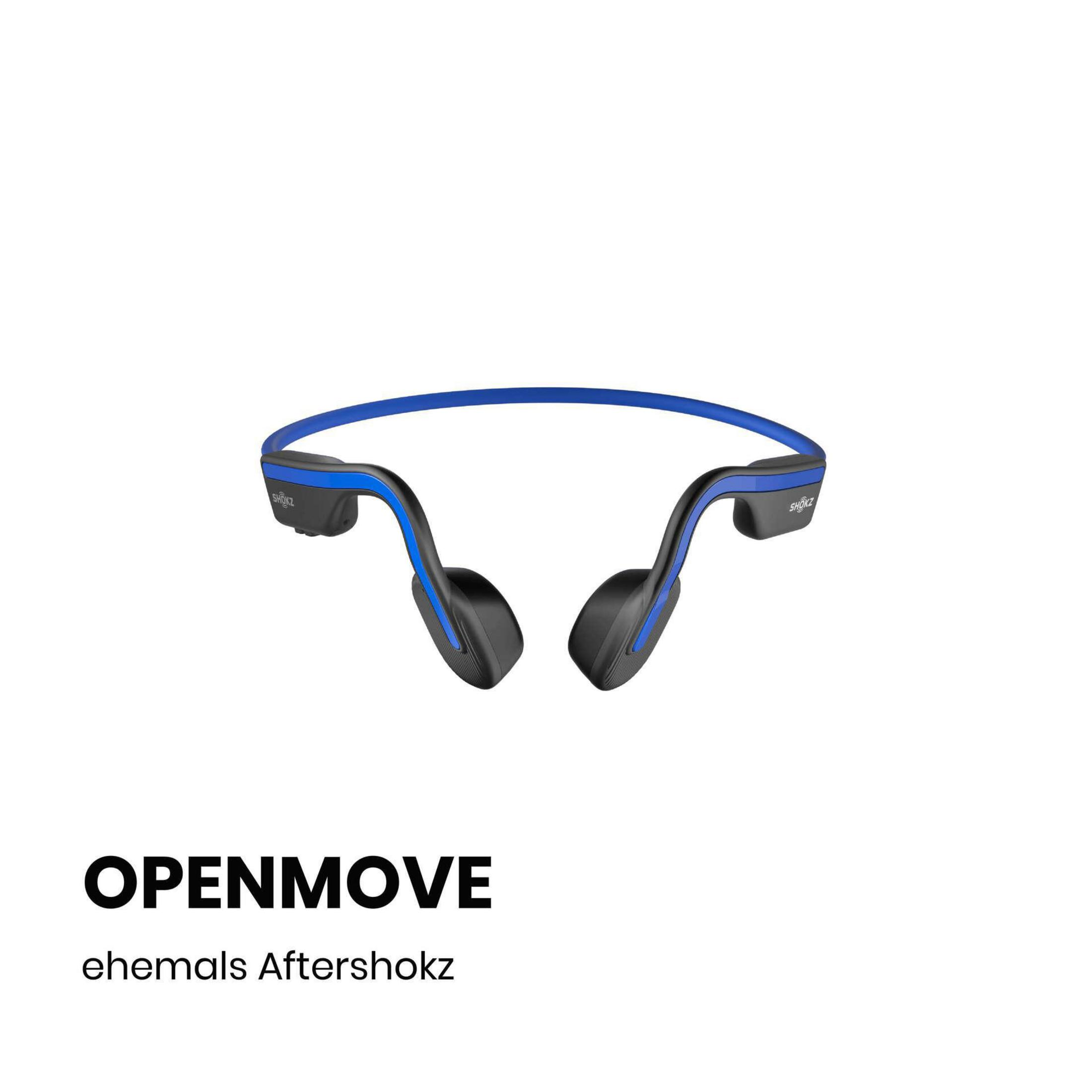 Schwarze und blaue OpenMove-Knochenschallkopfhörer. Der Markenname befindet sich unten.