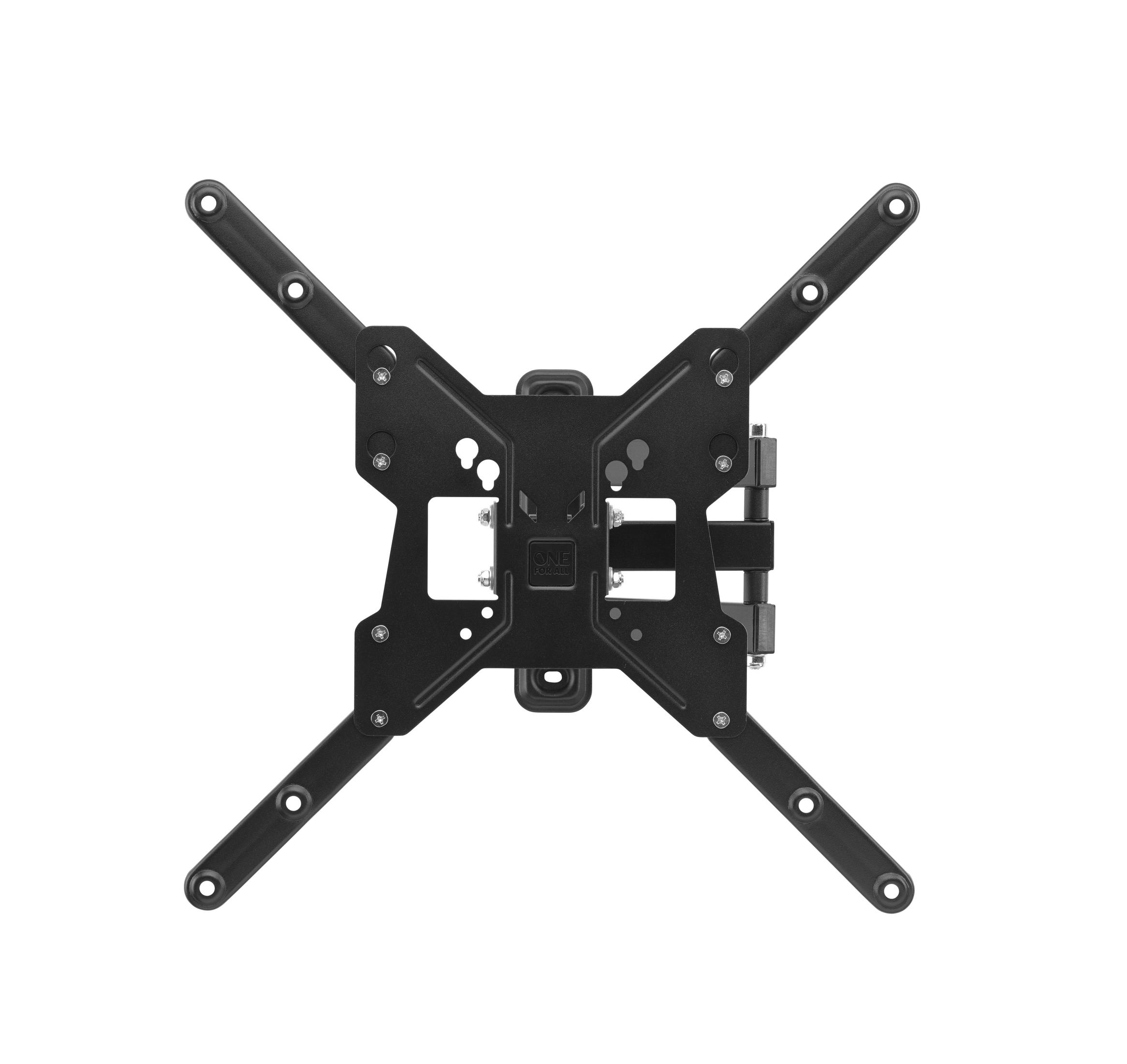 A black TV wall mount. It is a four-armed design with screws and a central bracket.